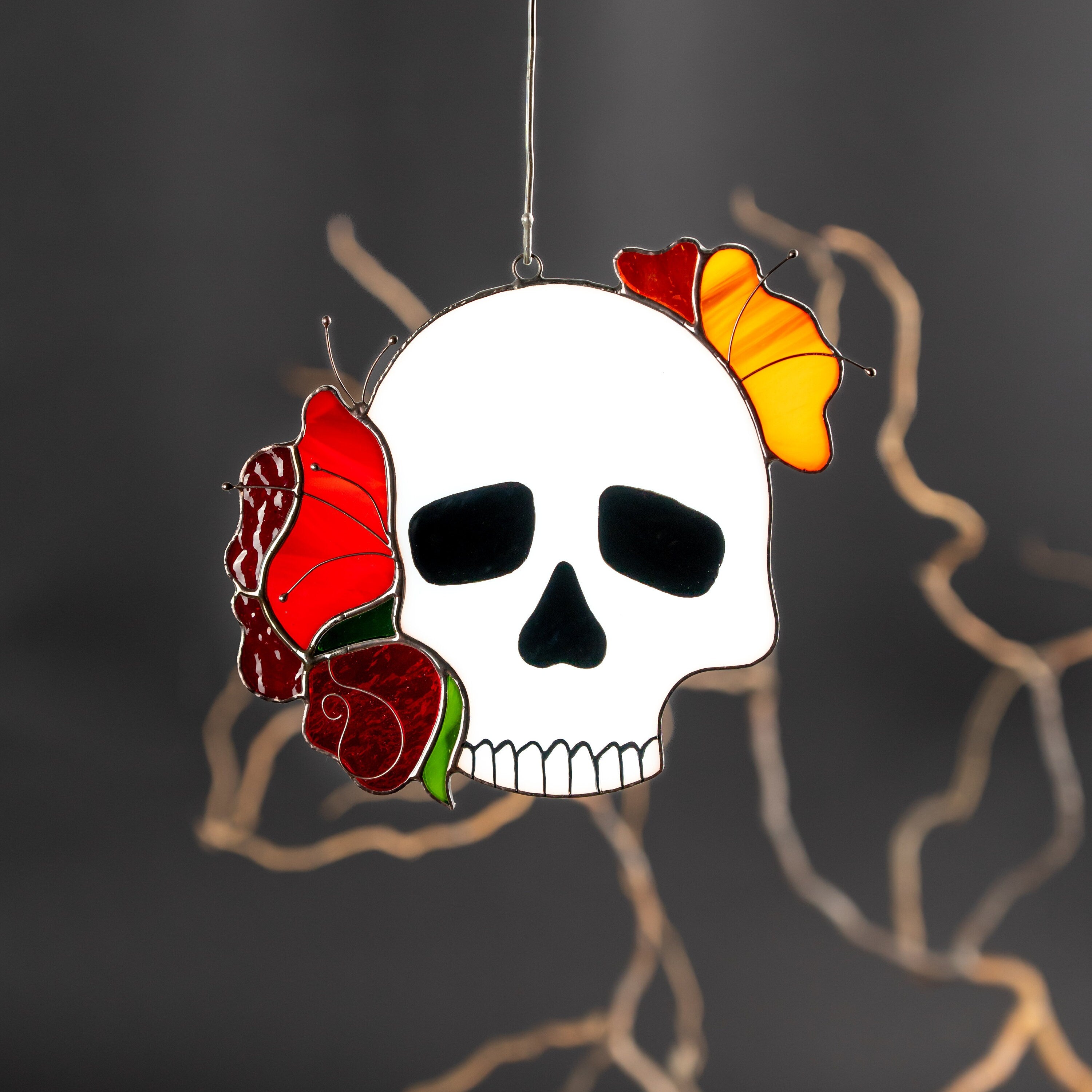 Skull stained glass Halloween suncatcher Autumn style gift Halloween decor indoor stained glass window hangings Skeleton autumn decor