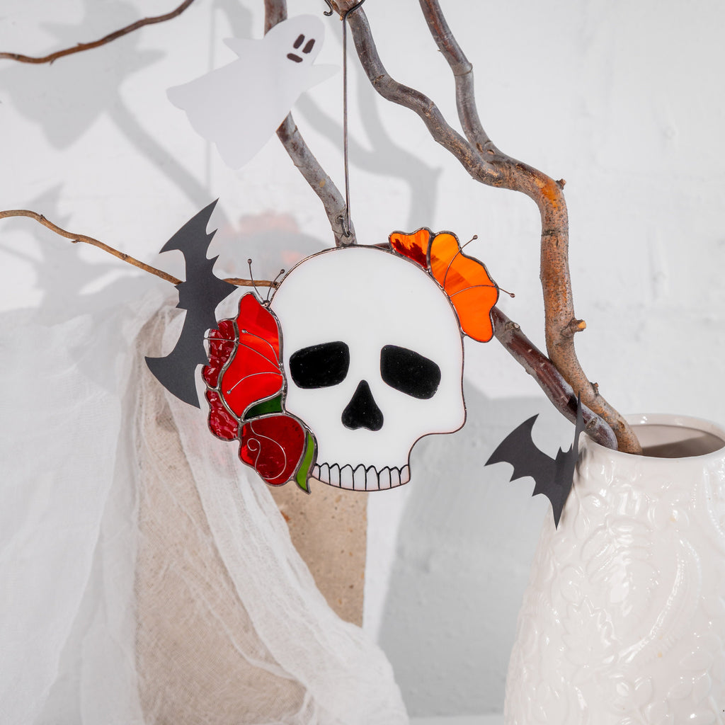 Skull stained glass Halloween suncatcher Autumn style gift Halloween decor indoor stained glass window hangings Skeleton autumn decor