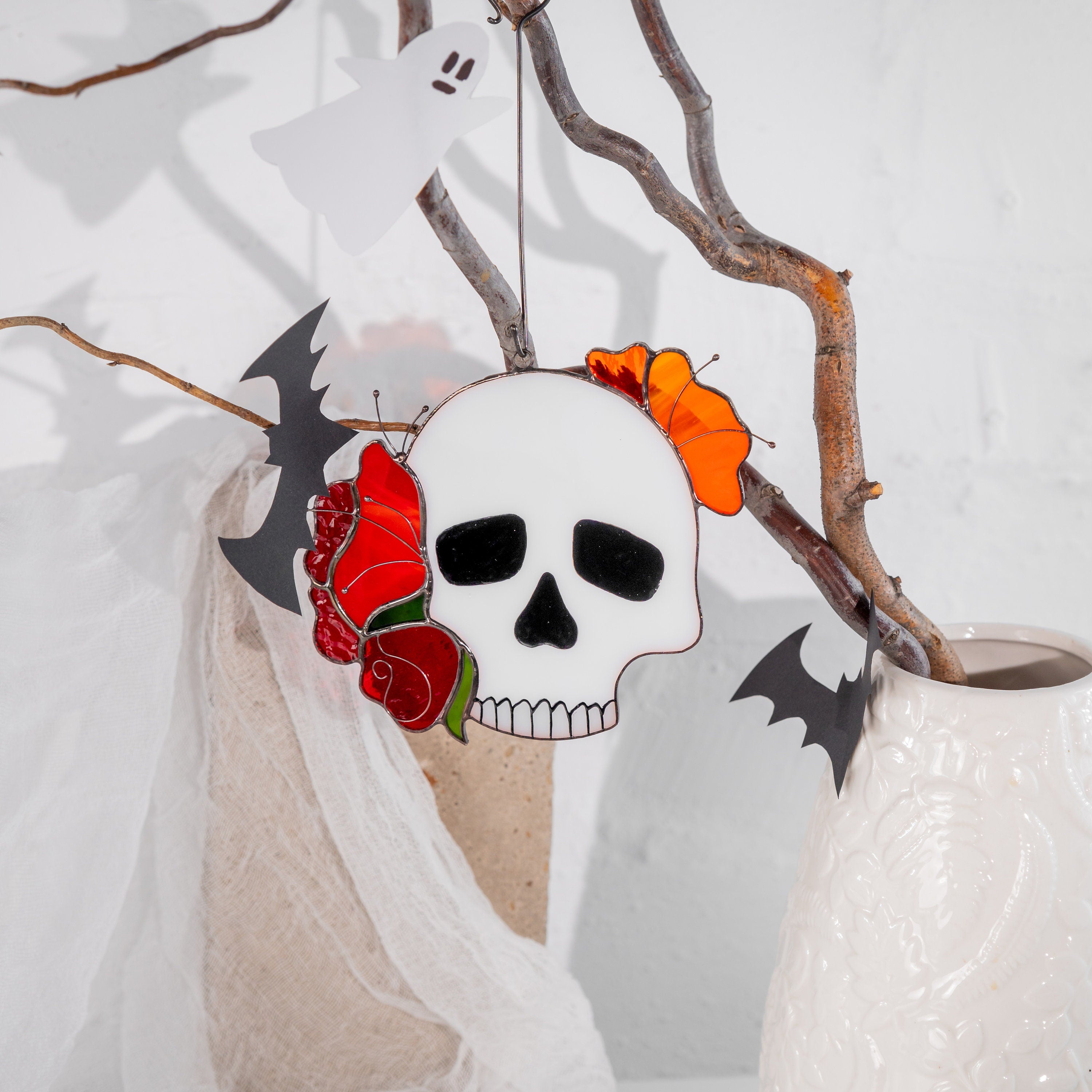 Skull stained glass Halloween suncatcher Autumn style gift Halloween decor indoor stained glass window hangings Skeleton autumn decor