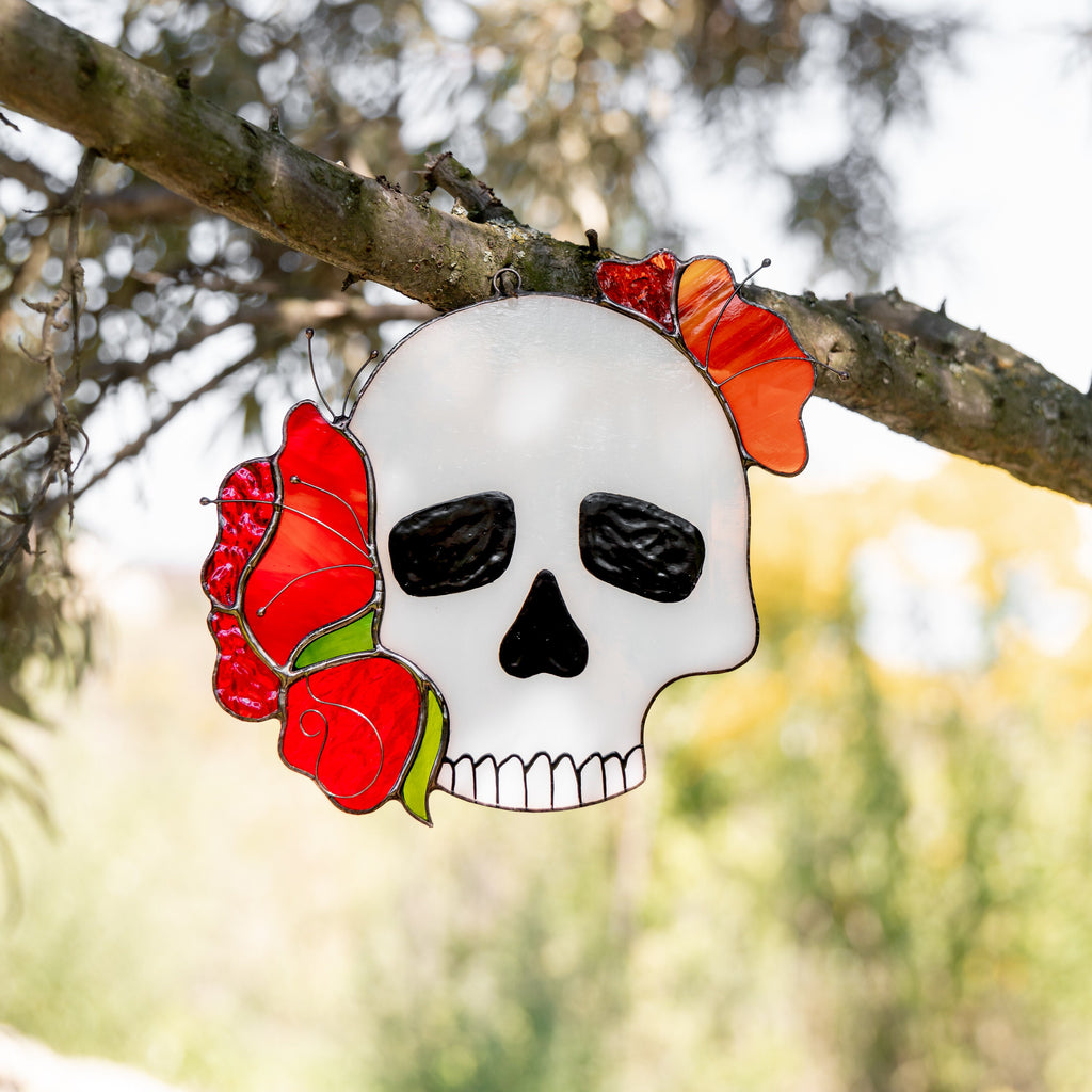 Skull stained glass Halloween suncatcher Autumn style gift Halloween decor indoor stained glass window hangings Skeleton autumn decor