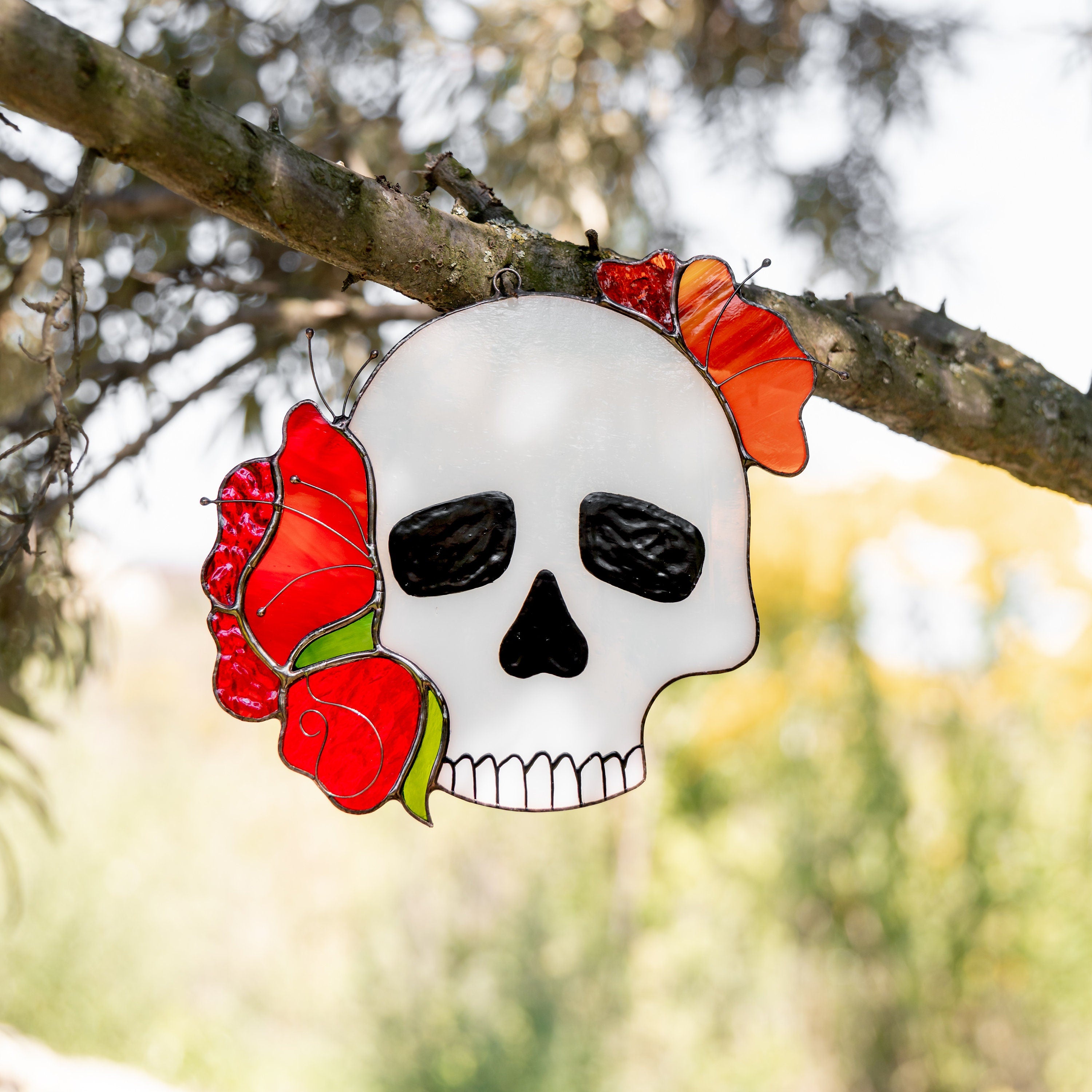 Skull stained glass Halloween suncatcher Autumn style gift Halloween decor indoor stained glass window hangings Skeleton autumn decor