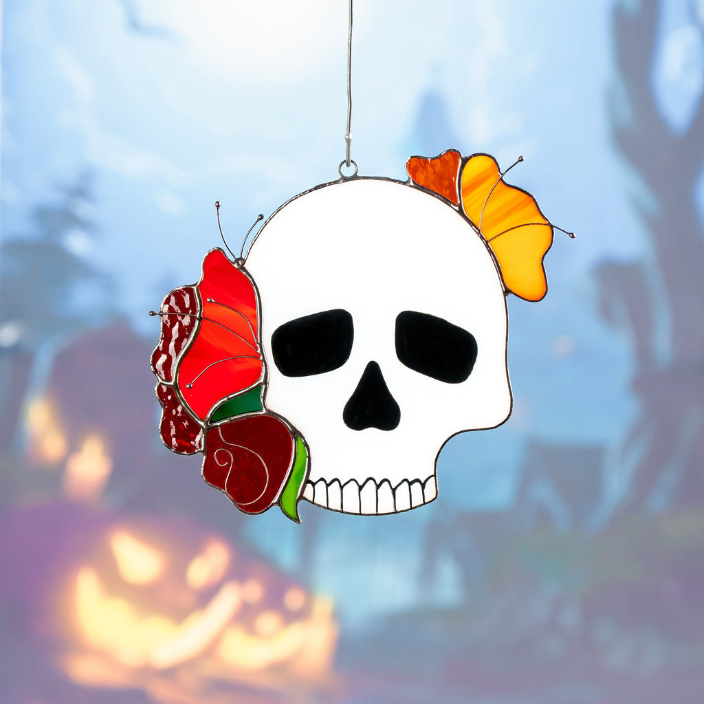 Skull stained glass Halloween suncatcher Autumn style gift Halloween decor indoor stained glass window hangings Skeleton autumn decor