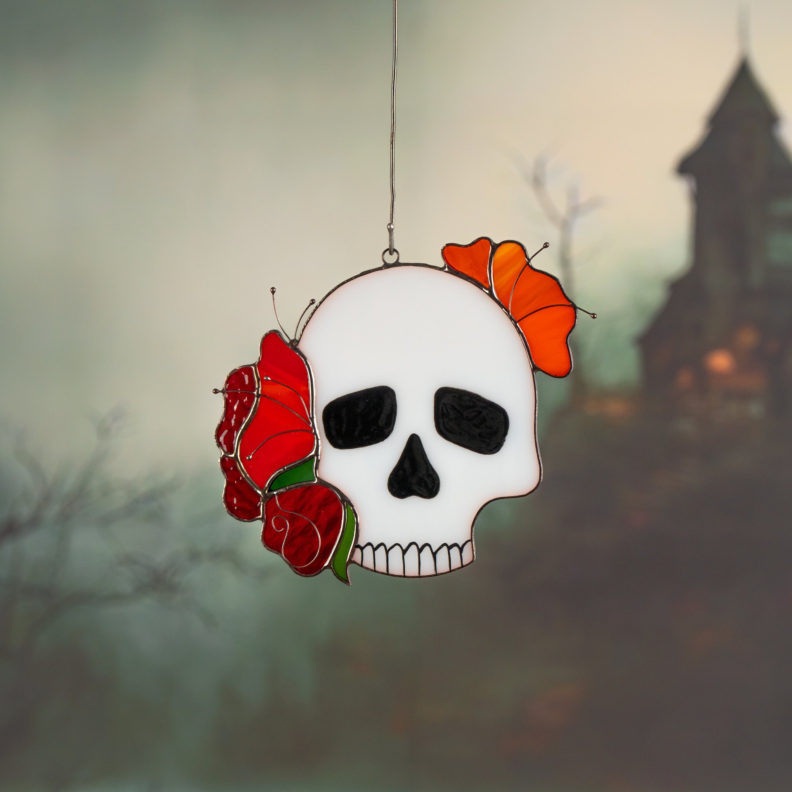 Skull stained glass Halloween suncatcher Autumn style gift Halloween decor indoor stained glass window hangings Skeleton autumn decor