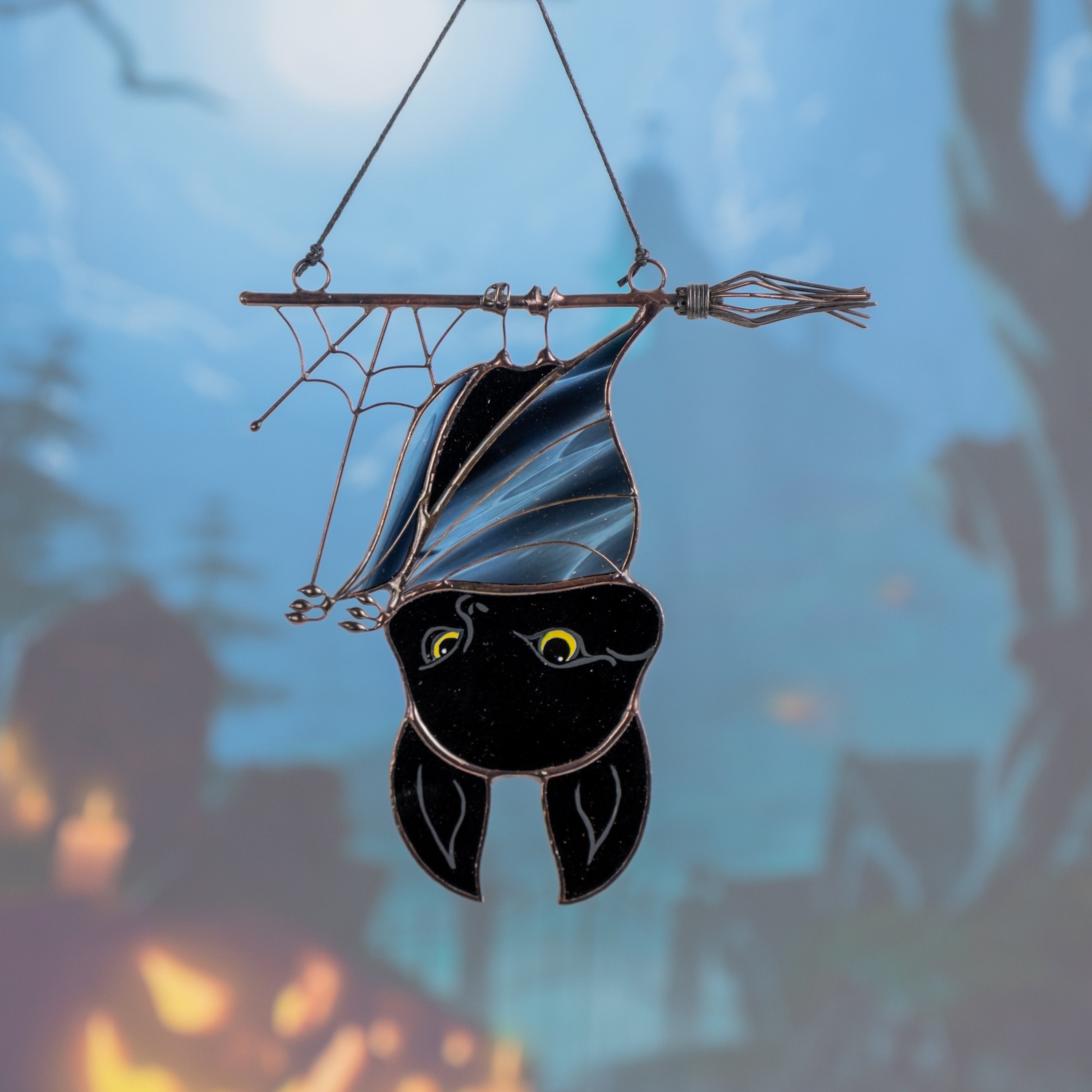 Halloween stained glass bat Halloween artwork Custom stained glass window hangings Web suncatchers Stained glass horror