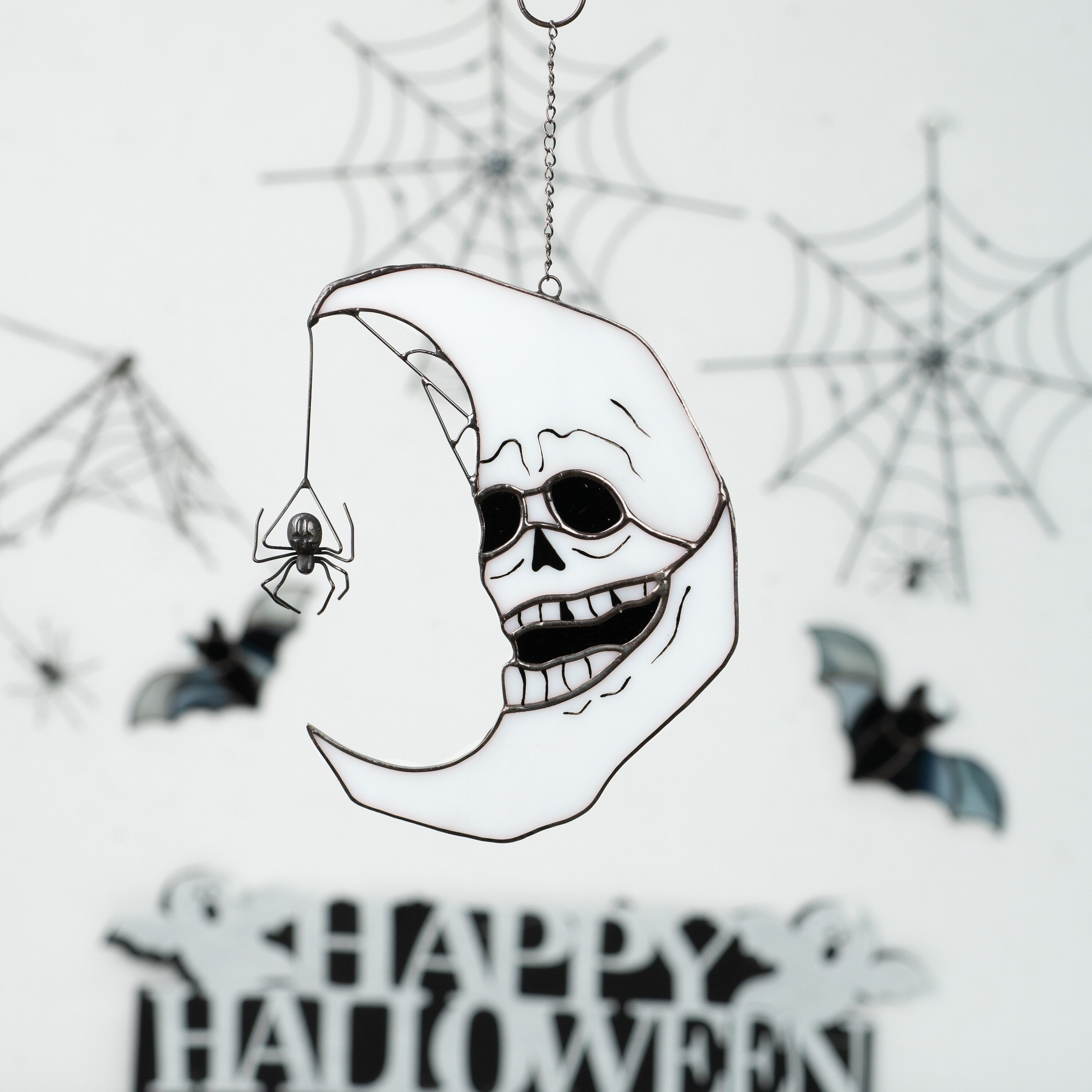 Halloween stained glass moon suncatcher Halloween gift Custom stained glass window hangings Halloween decor spider Stained glass spider web