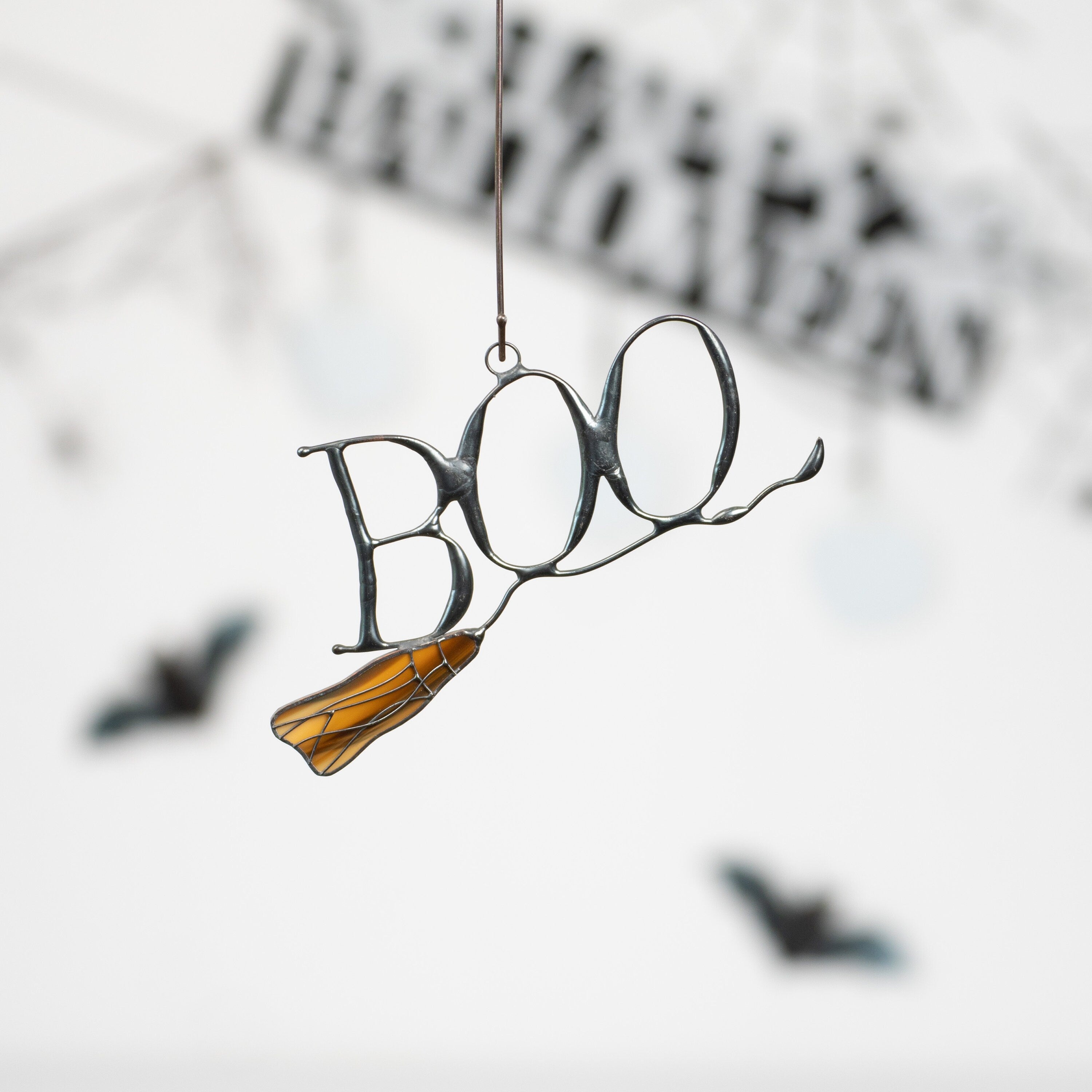 Boo to You Halloween stained glass window hangings Halloween gifts Custom stained glass witches broom Halloween spirit Spooky ornaments
