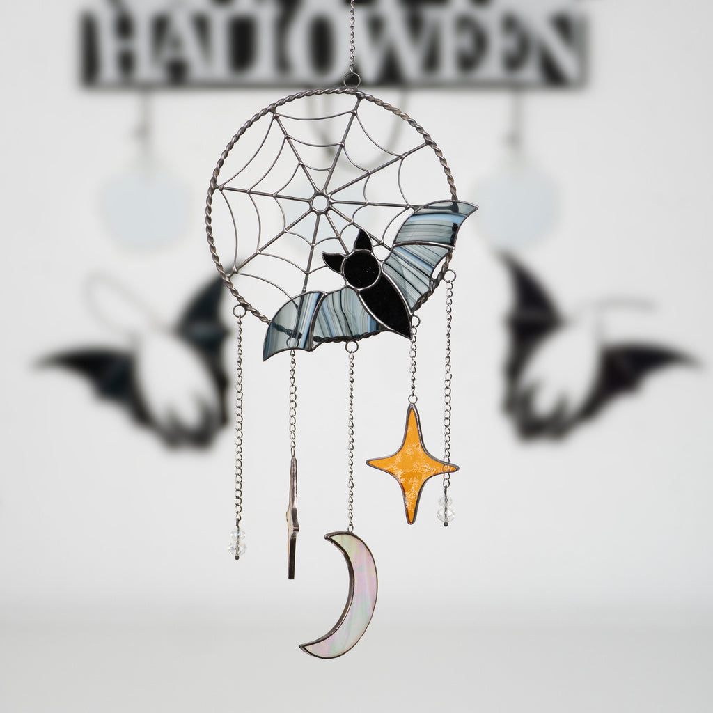 Halloween stained glass dreamcatcher Halloween spirit Custom stained glass dreamcatcher wall hanging Stained glass moon suncatcher