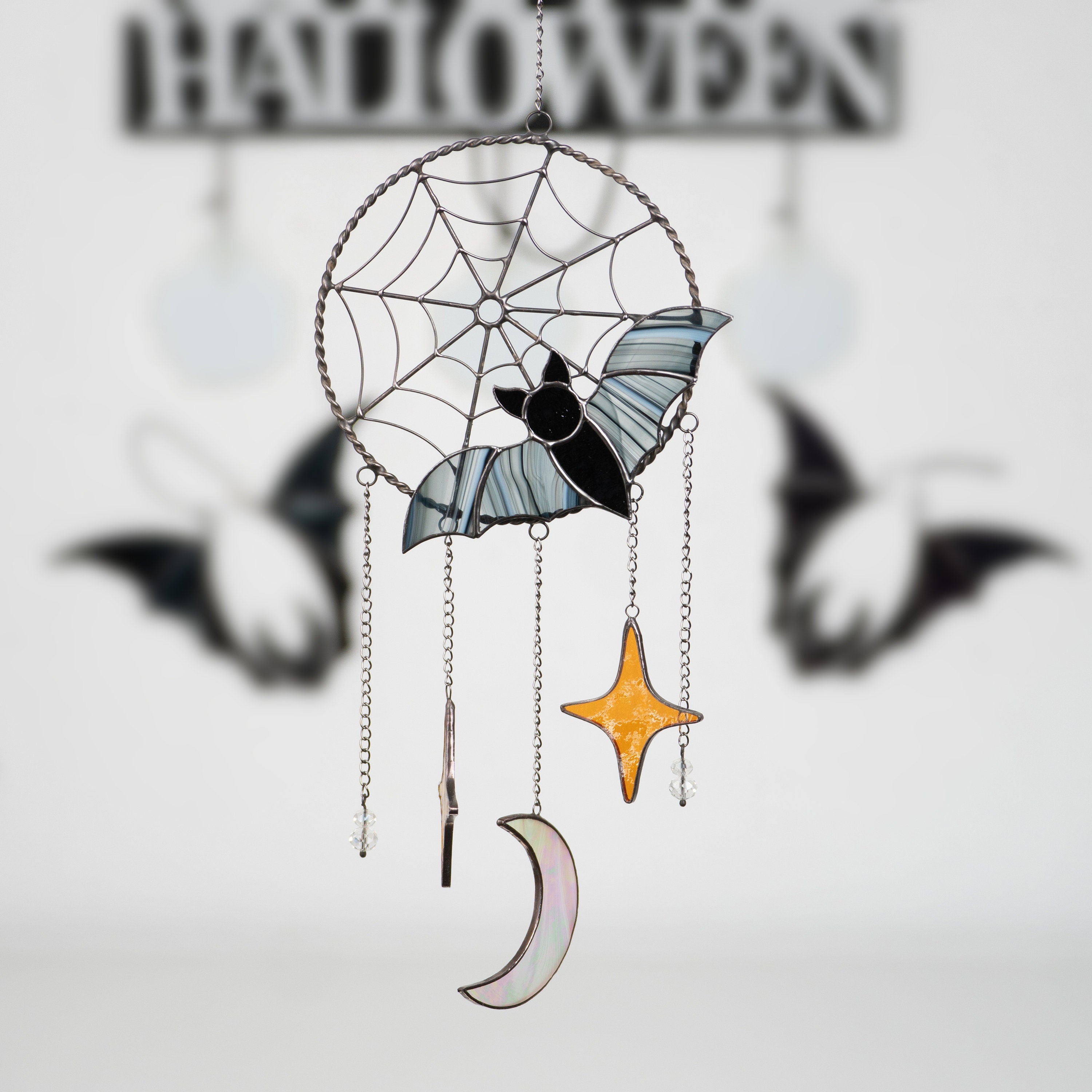 Halloween stained glass dreamcatcher Halloween spirit Custom stained glass dreamcatcher wall hanging Stained glass moon suncatcher