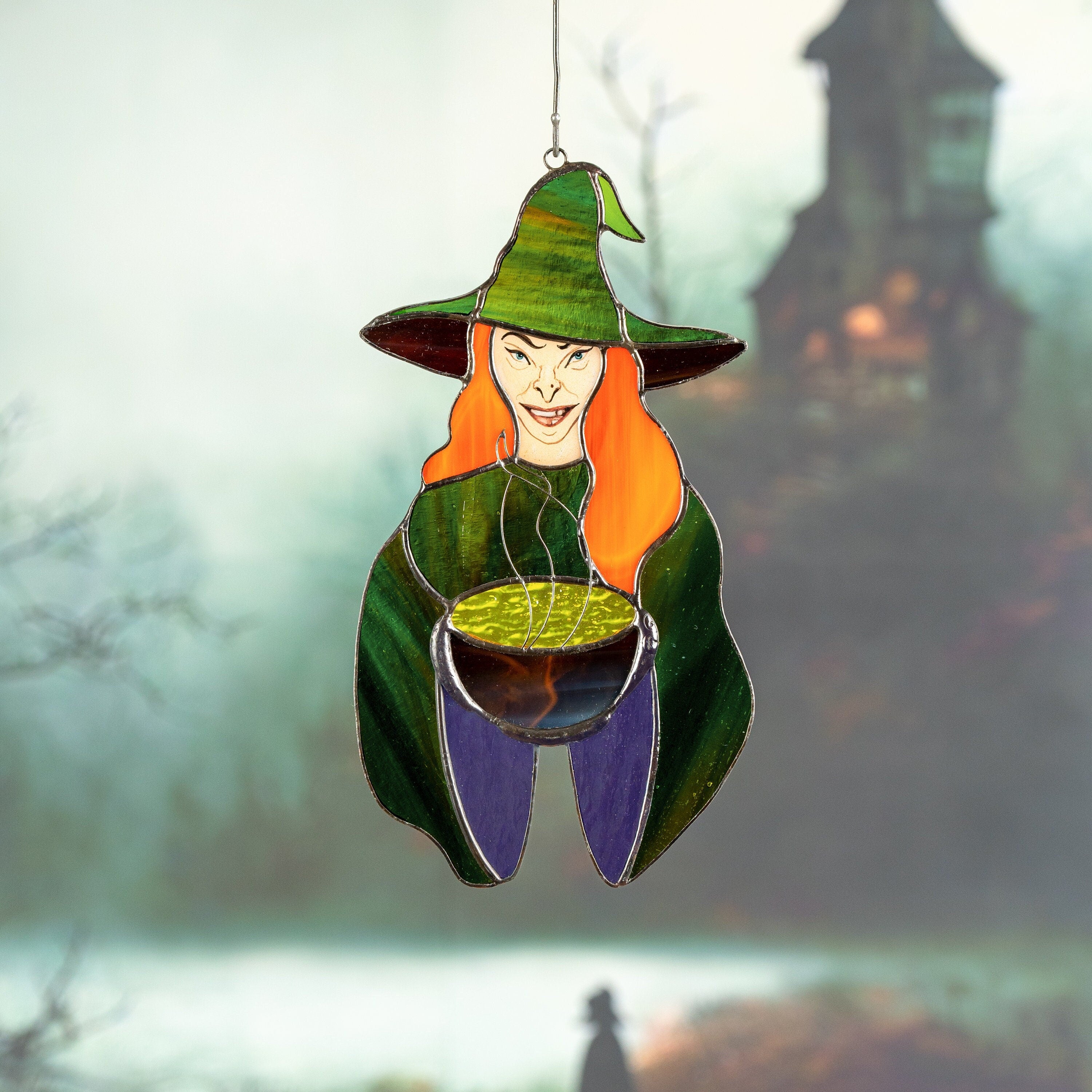 Halloween with stained glass sun catcher Spooky decor Witch gifts stained glass window hangings Hex outdoor fall decorations