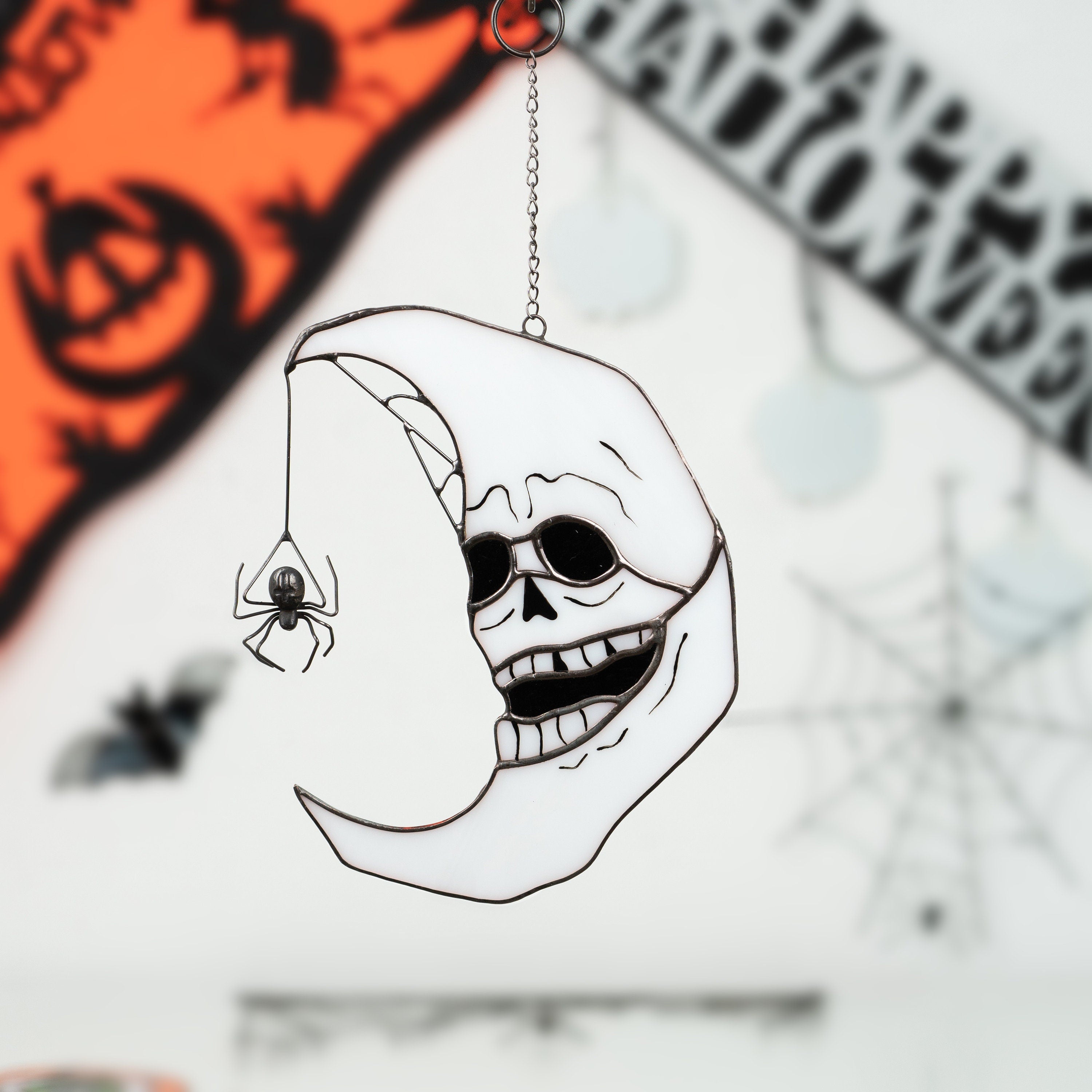 Halloween stained glass moon suncatcher Halloween gift Custom stained glass window hangings Halloween decor spider Stained glass spider web