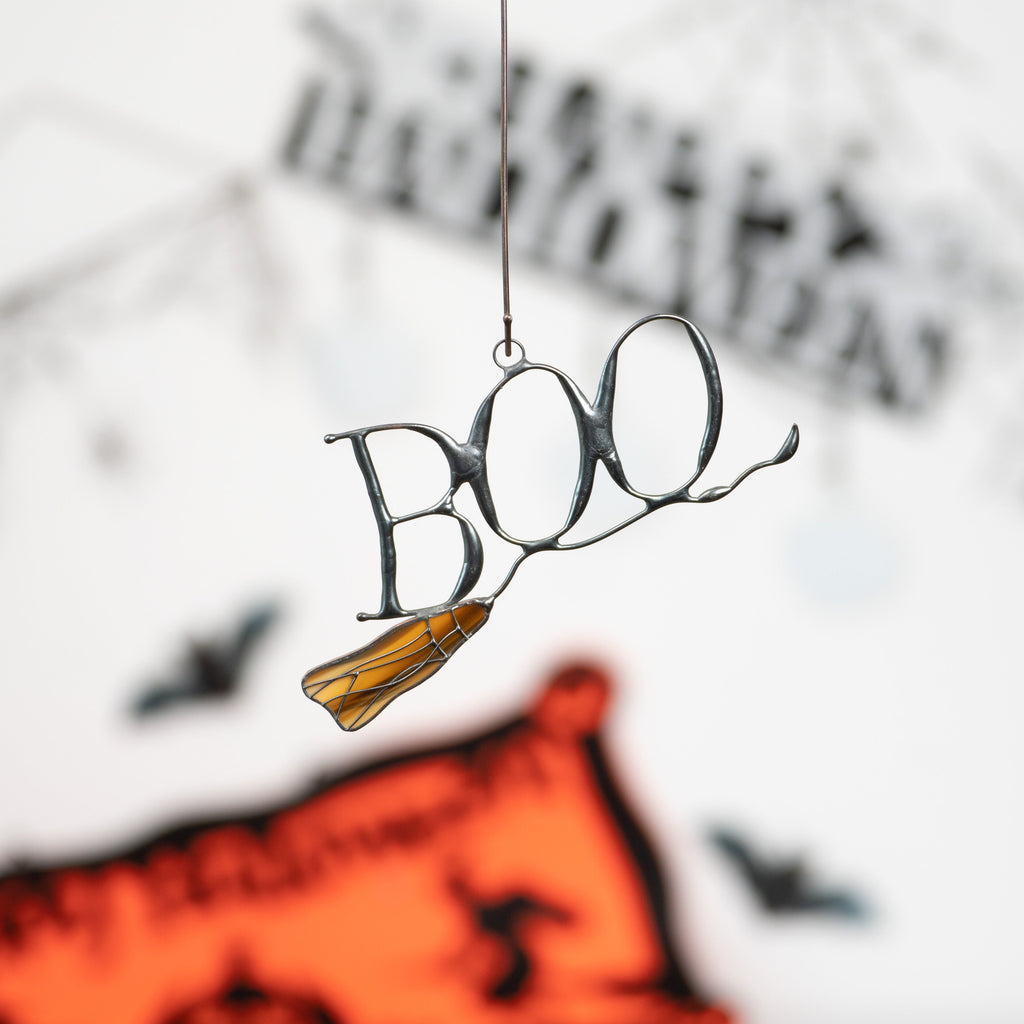 Boo to You Halloween stained glass window hangings Halloween gifts Custom stained glass witches broom Halloween spirit Spooky ornaments