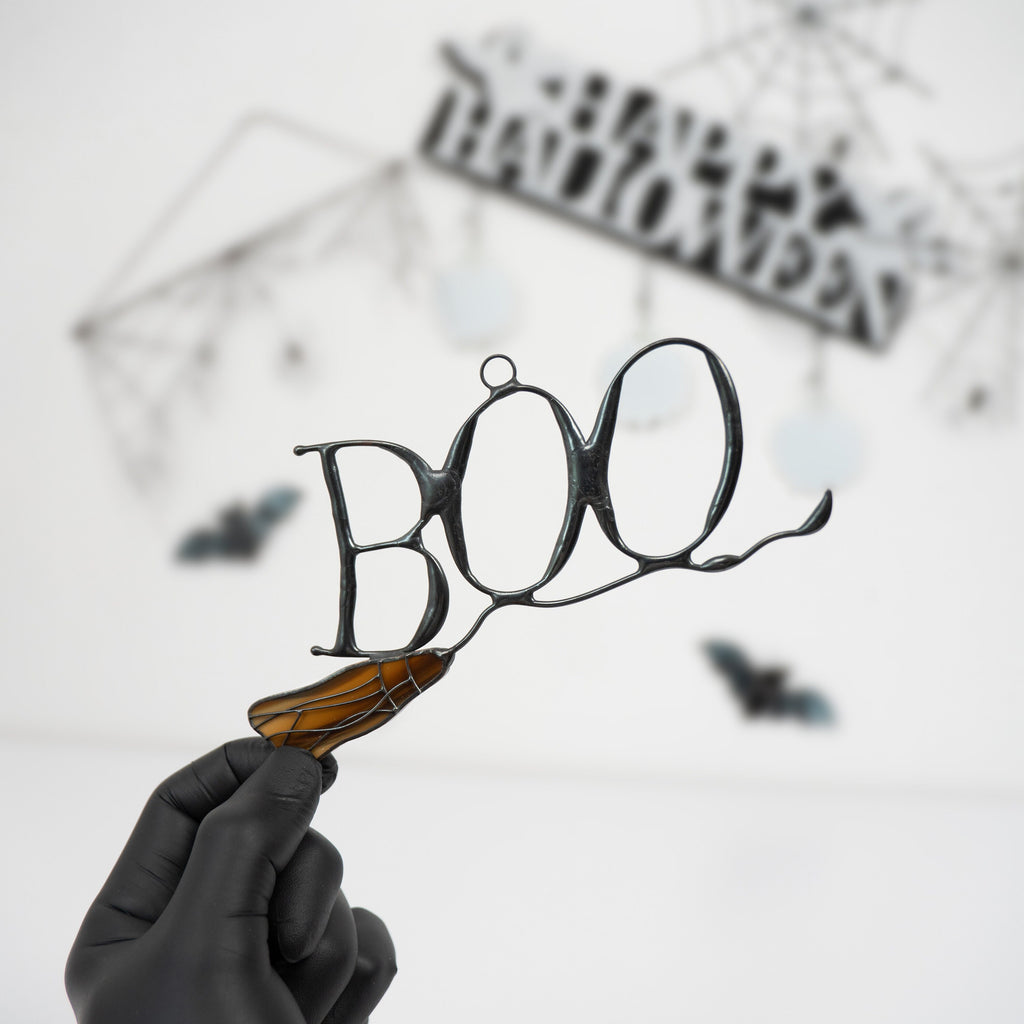Boo to You Halloween stained glass window hangings Halloween gifts Custom stained glass witches broom Halloween spirit Spooky ornaments
