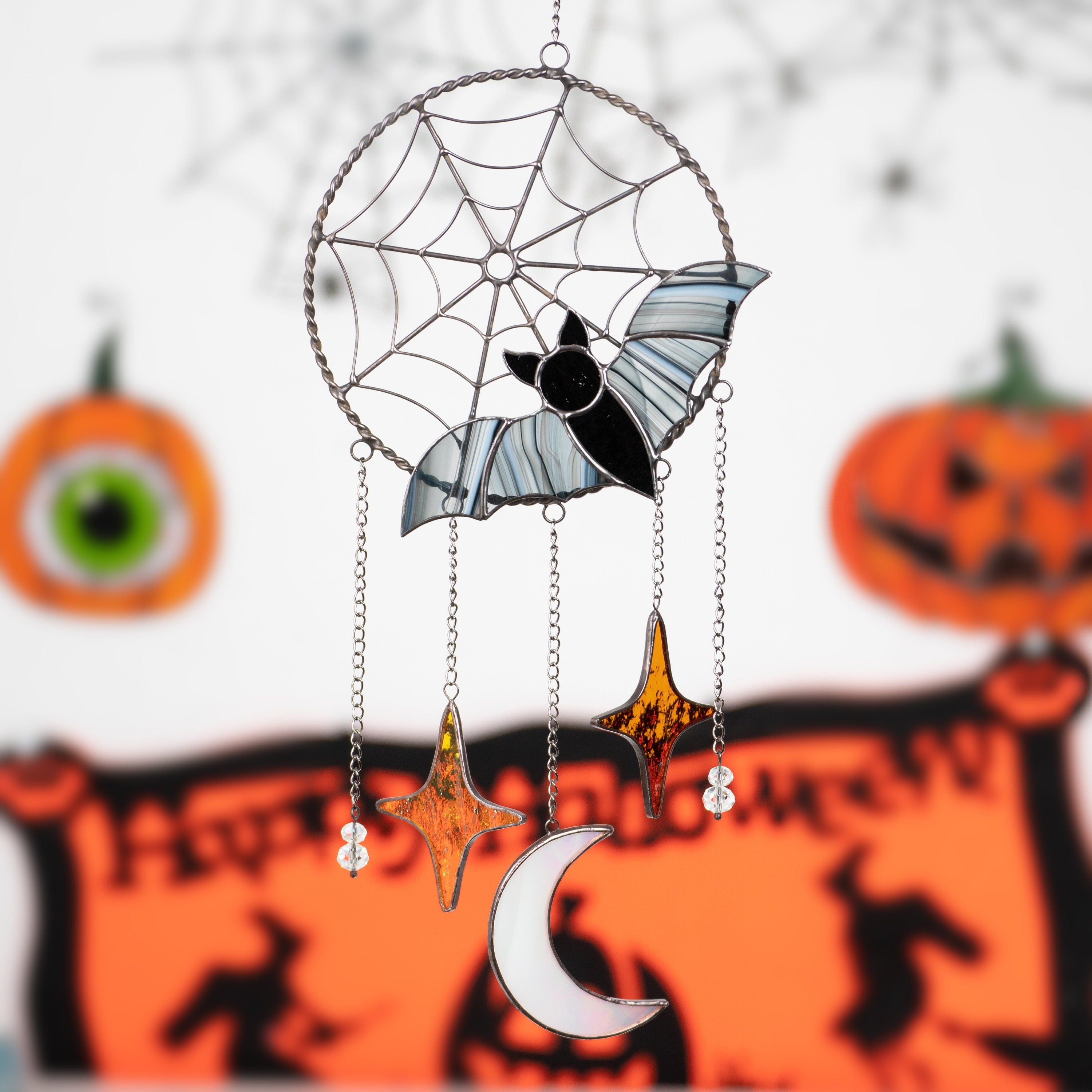 Halloween stained glass dreamcatcher Halloween spirit Custom stained glass dreamcatcher wall hanging Stained glass moon suncatcher