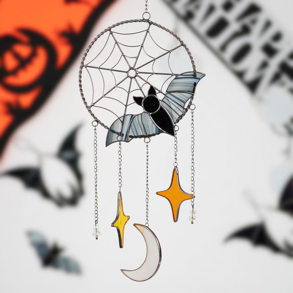 Halloween stained glass dreamcatcher Halloween spirit Custom stained glass dreamcatcher wall hanging Stained glass moon suncatcher