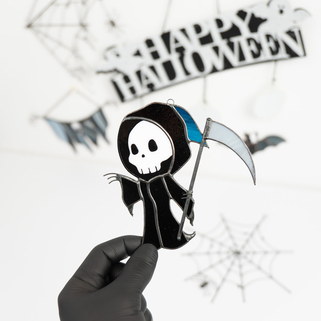 Custom stained glass Halloween artwork Grim reaper Modern stained glass window hangings Spooky ornaments Stained glass Halloween suncatcher