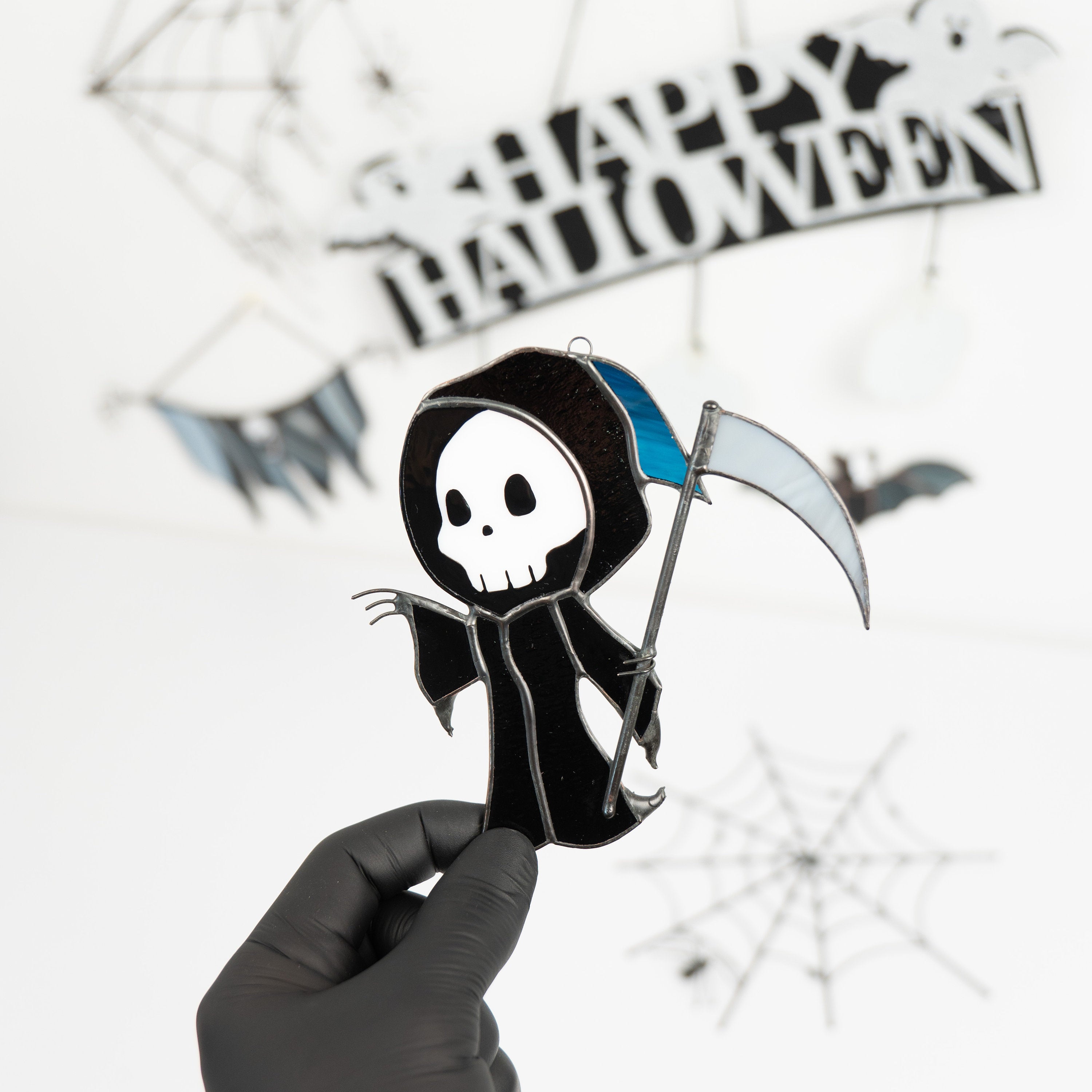 Custom stained glass Halloween artwork Grim reaper Modern stained glass window hangings Spooky ornaments Stained glass Halloween suncatcher