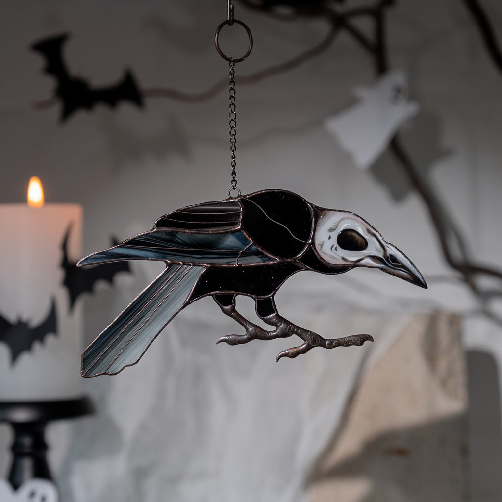 Halloween stained glass horror Raven feathers Custom stained glass bird skull Halloween gift Halloween stained glass crow
