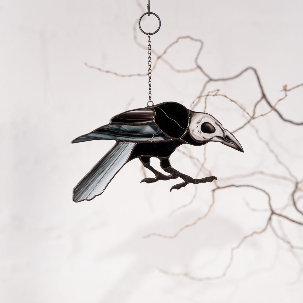 Halloween stained glass horror Raven feathers Custom stained glass bird skull Halloween gift Halloween stained glass crow