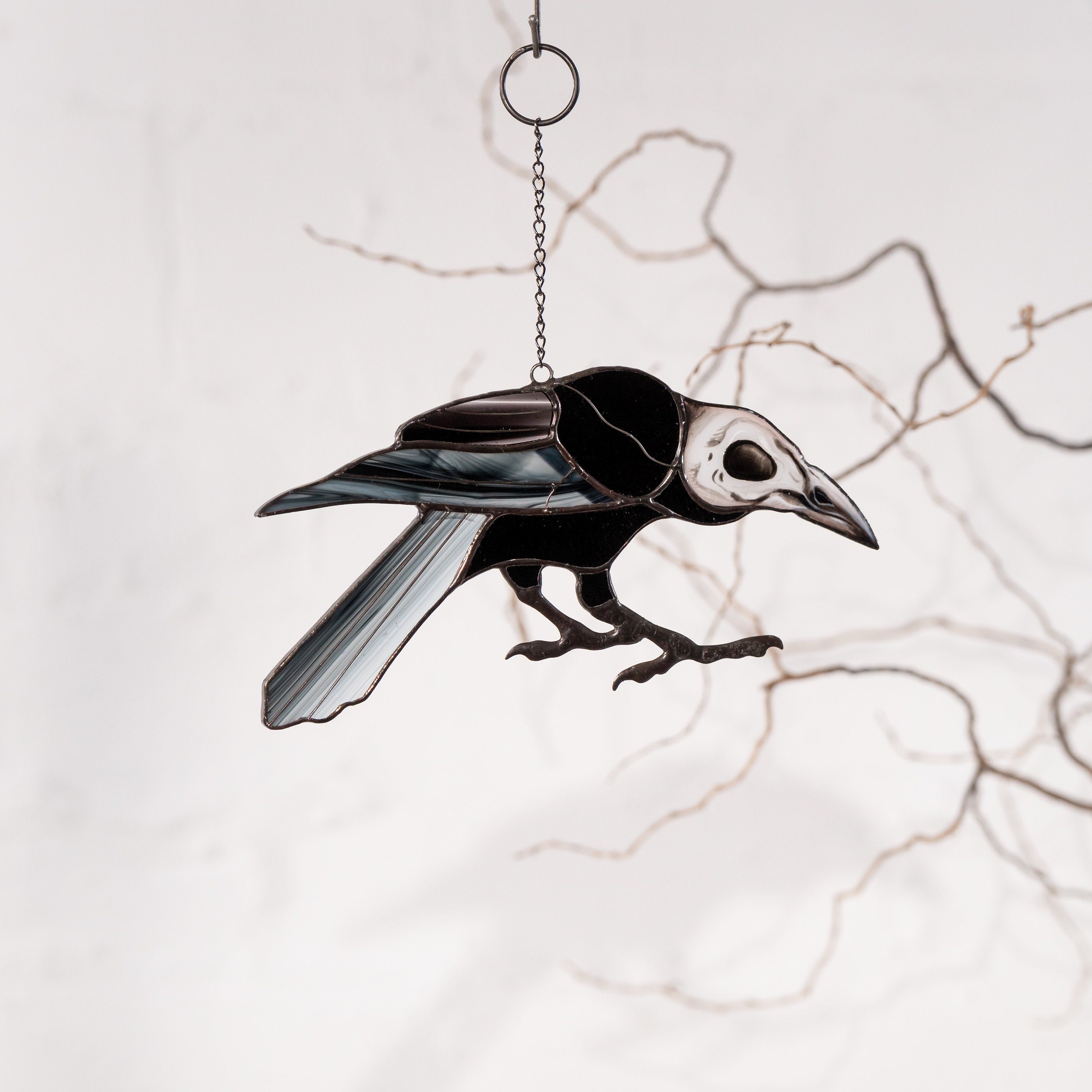 Halloween stained glass horror Raven feathers Custom stained glass bird skull Halloween gift Halloween stained glass crow
