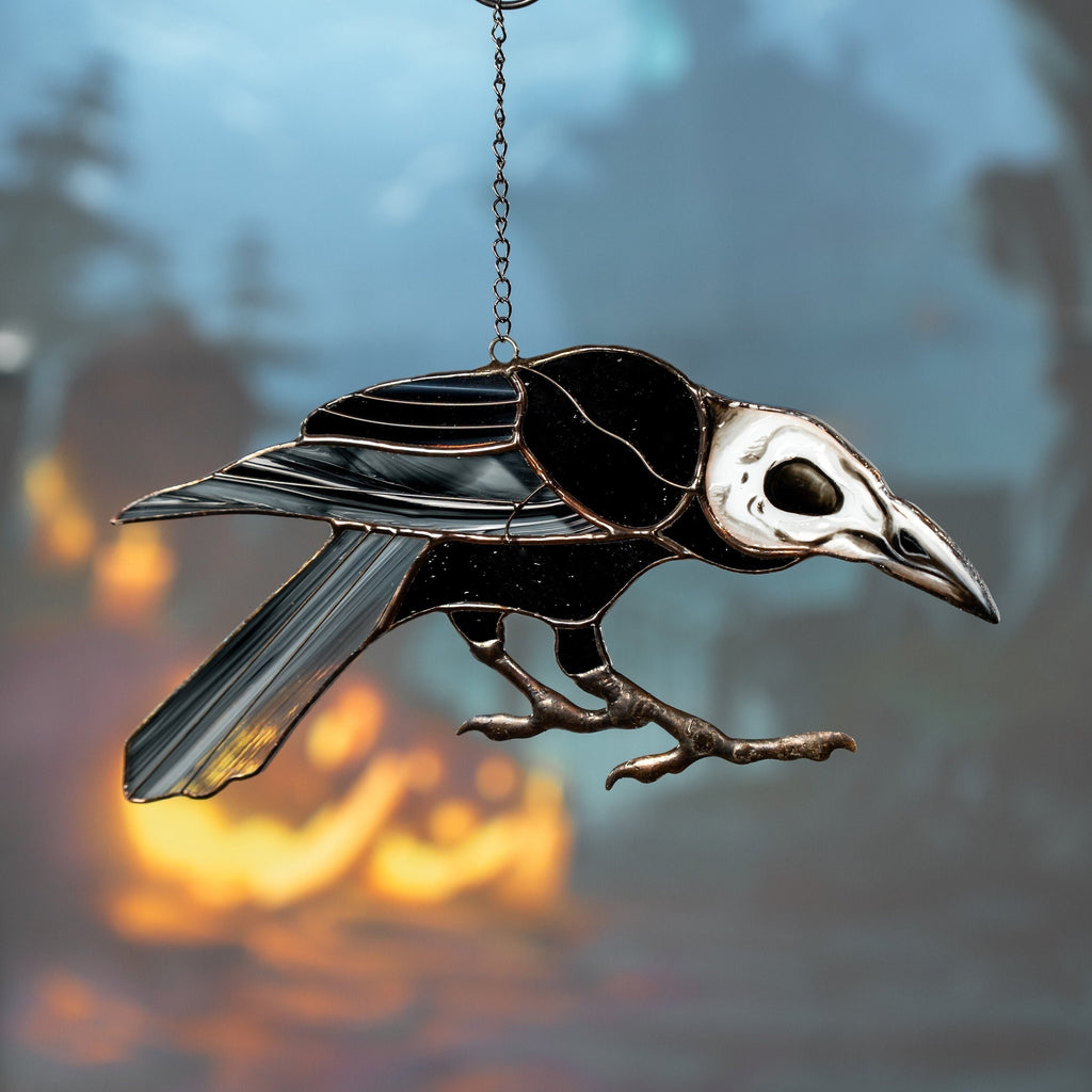 Halloween stained glass horror Raven feathers Custom stained glass bird skull Halloween gift Halloween stained glass crow