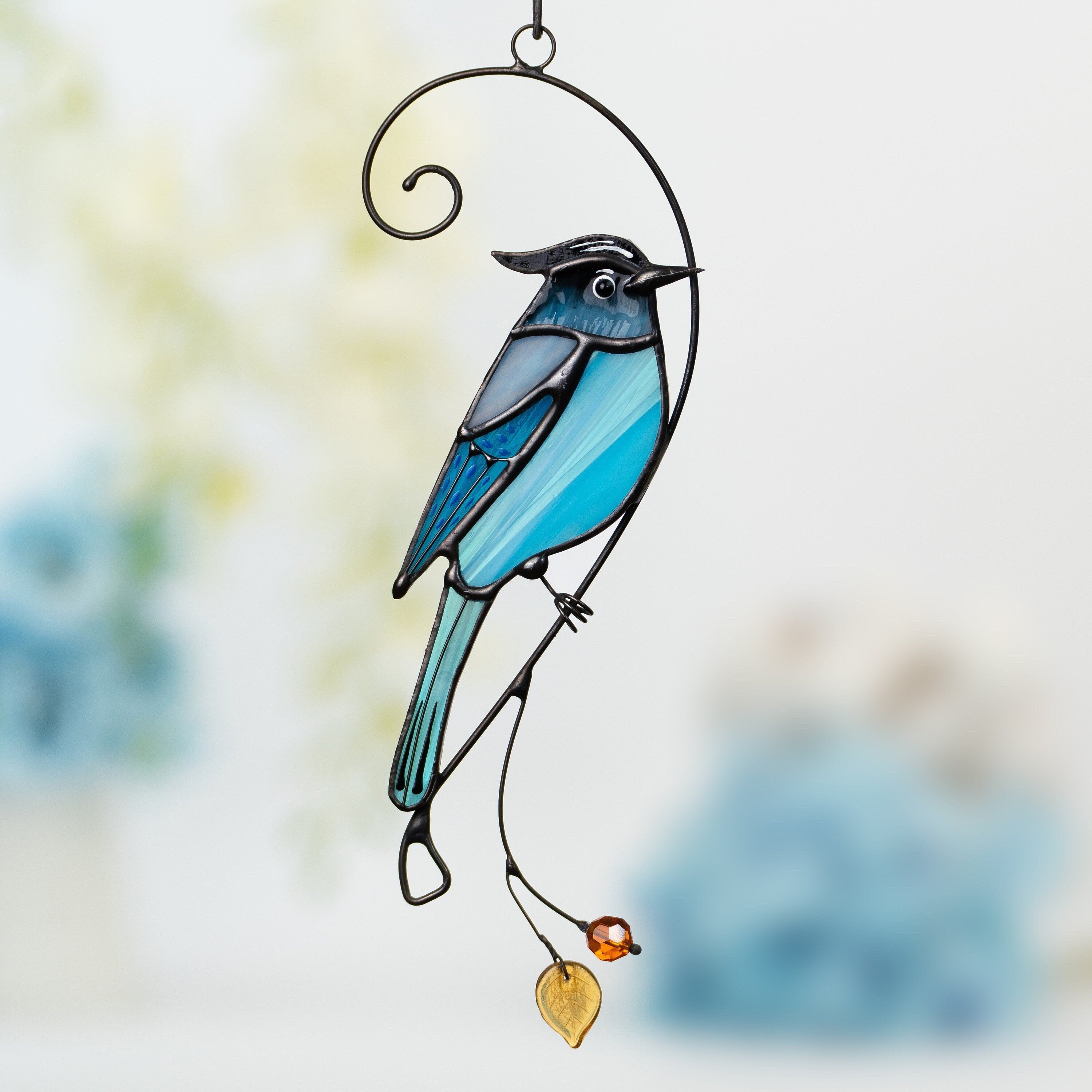Steller jay stained glass bird suncatcher Mothers day gifts Custom stained glass window hangings Handmade product Fairy garden accessories