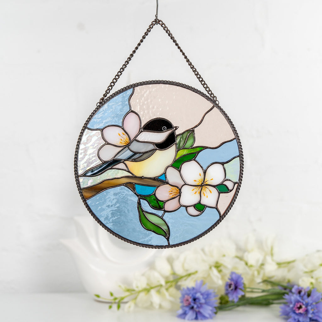 Chickadee stained glass bird suncatcher Godmother gift Chickadee art Custom stained glass chickadee ornament Stained glass window hangings