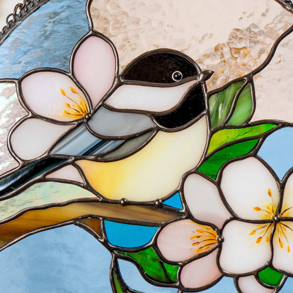 Chickadee stained glass bird suncatcher Godmother gift Chickadee art Custom stained glass chickadee ornament Stained glass window hangings
