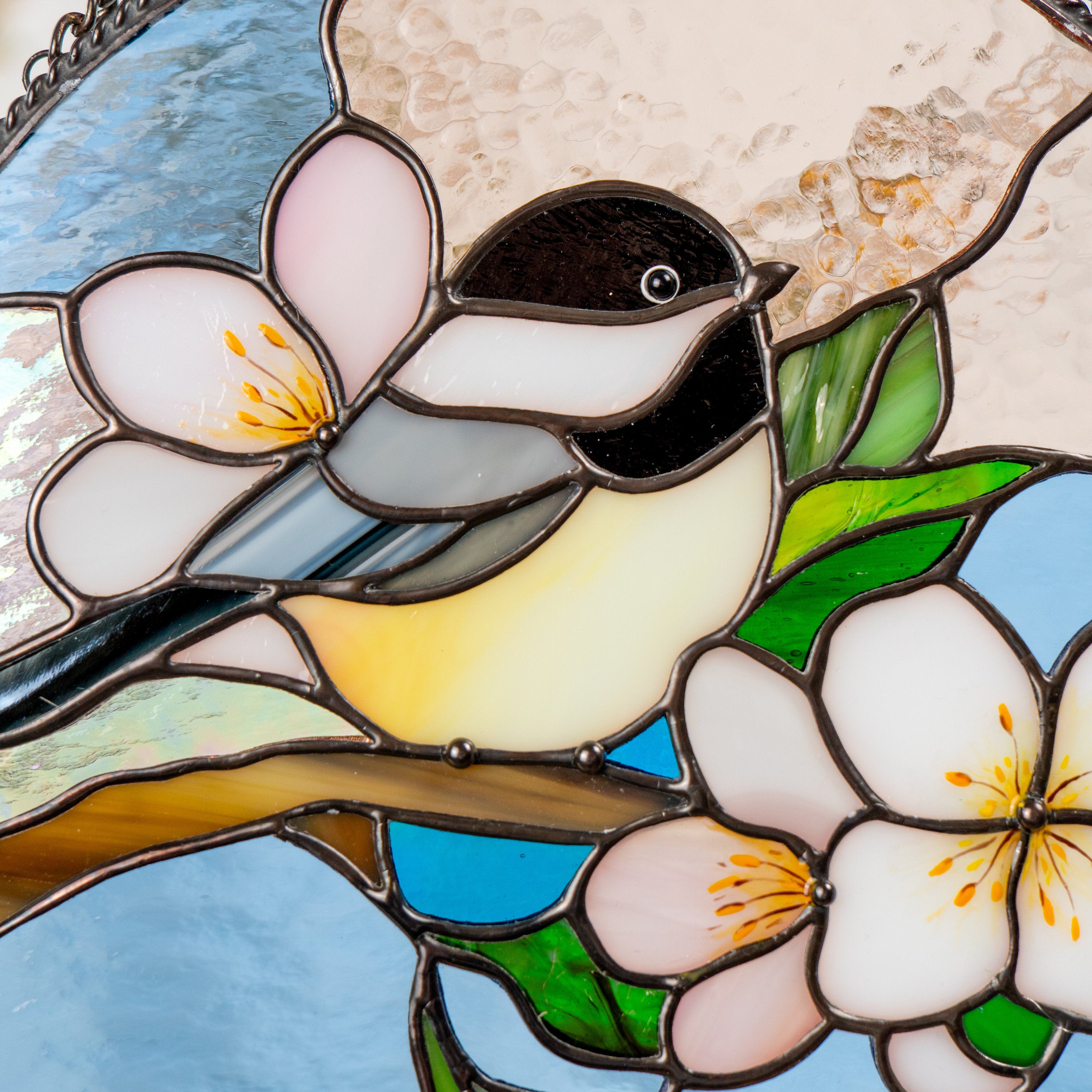 Chickadee stained glass bird suncatcher Godmother gift Chickadee art Custom stained glass chickadee ornament Stained glass window hangings