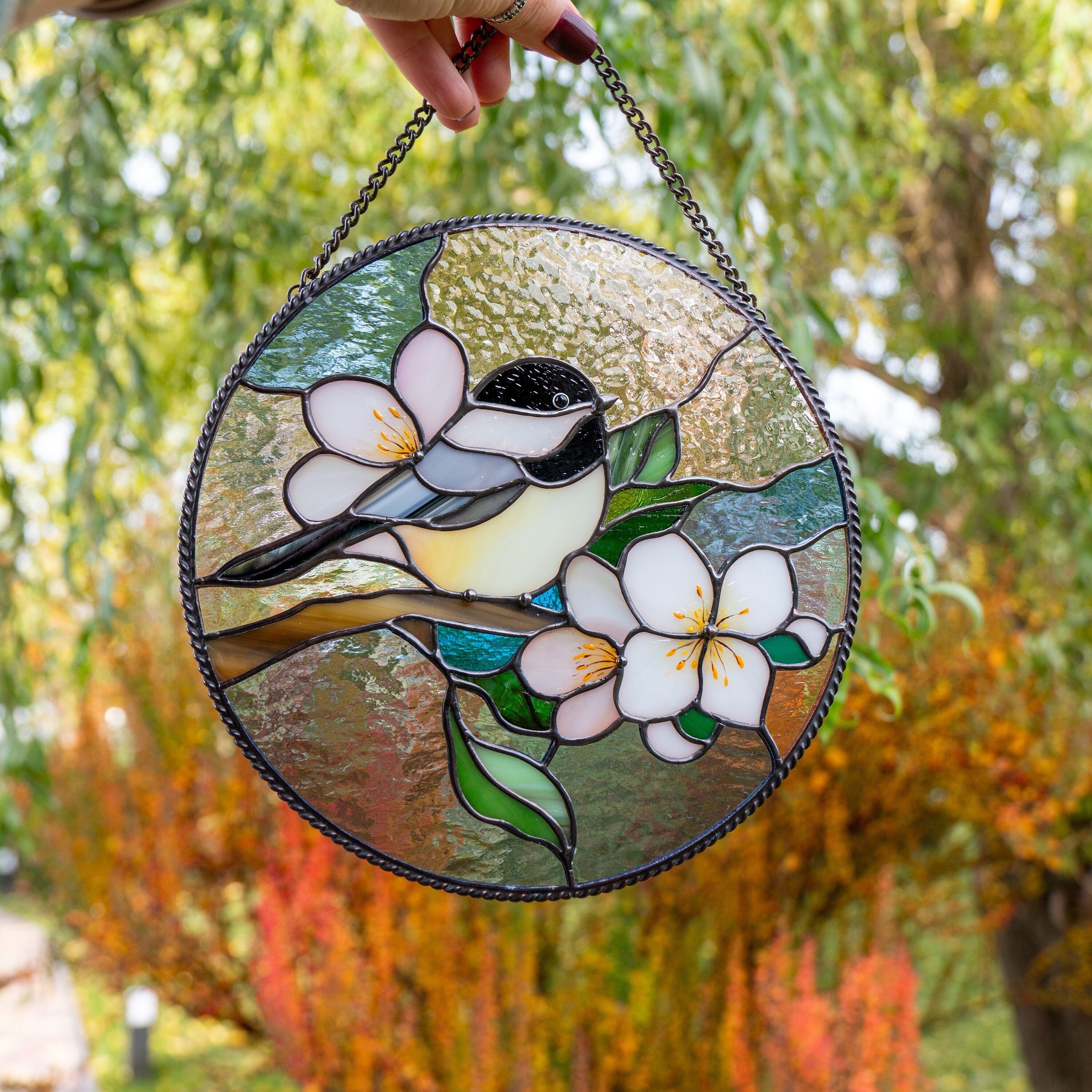 Chickadee stained glass bird suncatcher Godmother gift Chickadee art Custom stained glass chickadee ornament Stained glass window hangings