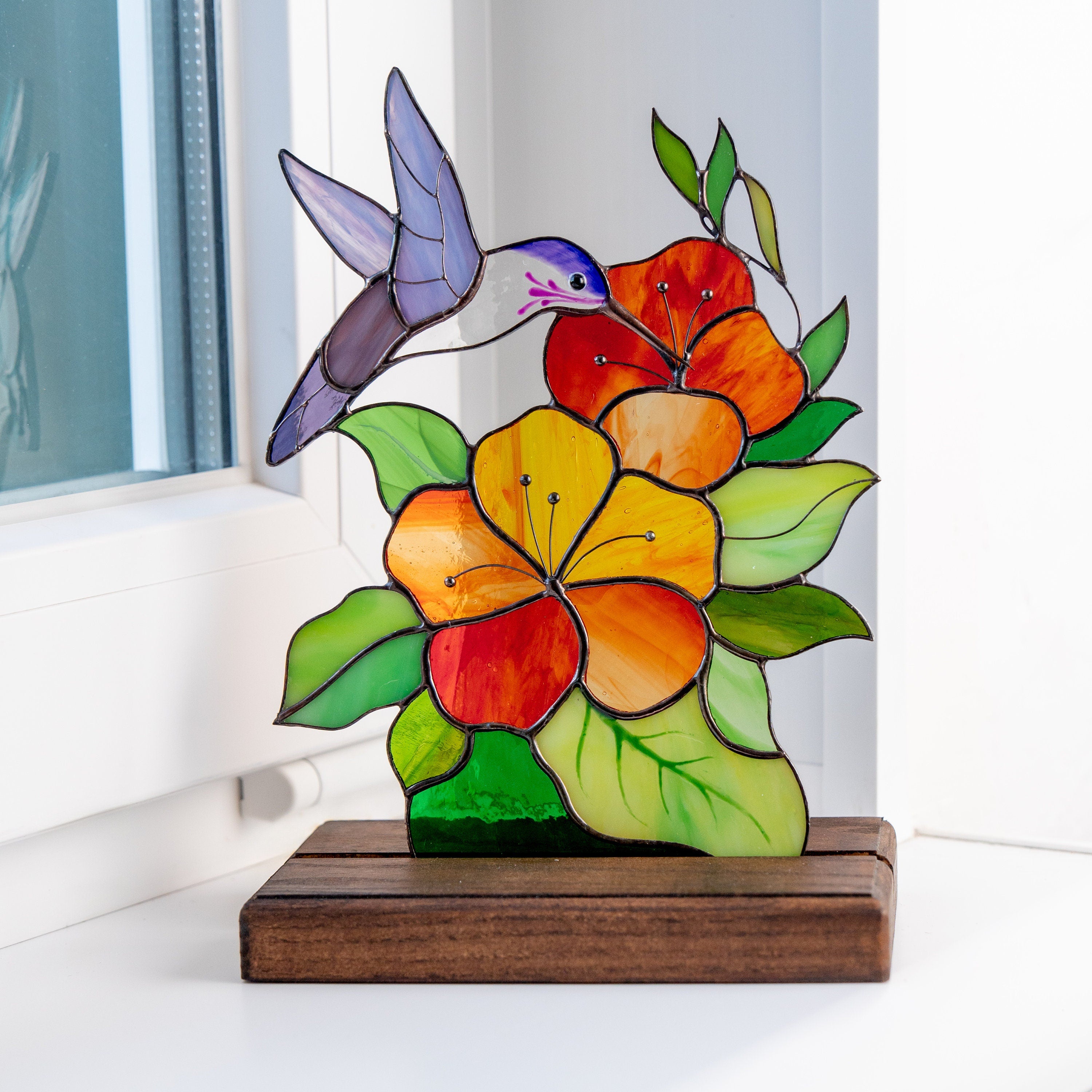 Stained glass hummingbird gifts Custom stained glass ornaments Mother in law gifts Stained glass flower panel Cute desk decor