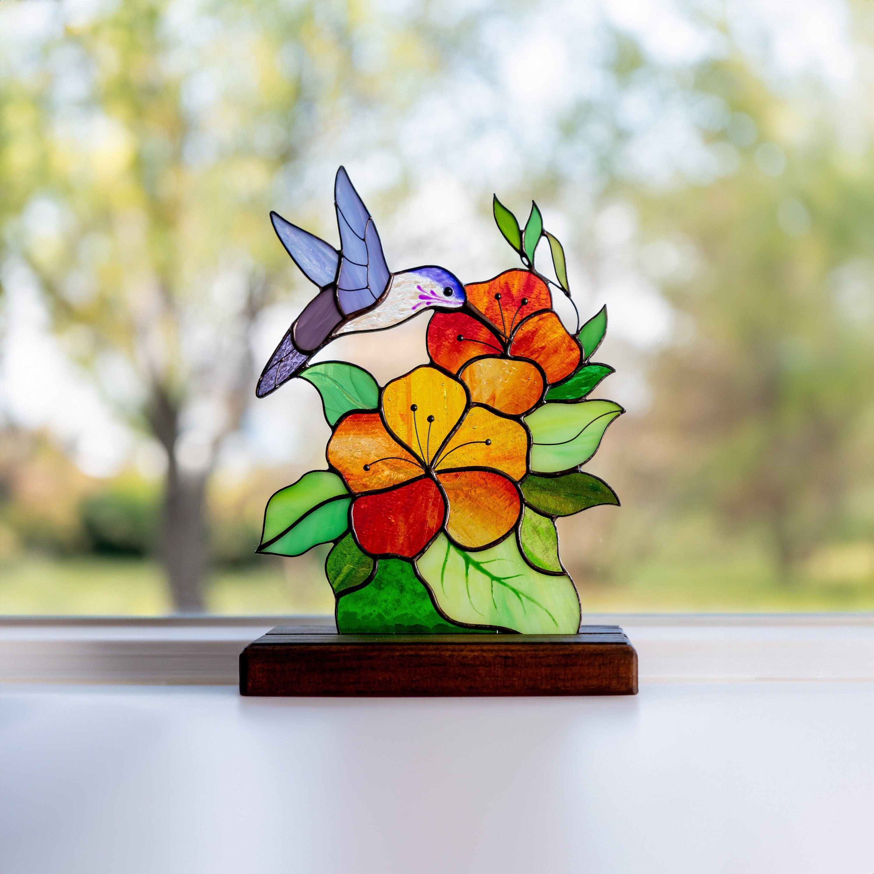 Stained glass hummingbird gifts Custom stained glass ornaments Mother in law gifts Stained glass flower panel Cute desk decor