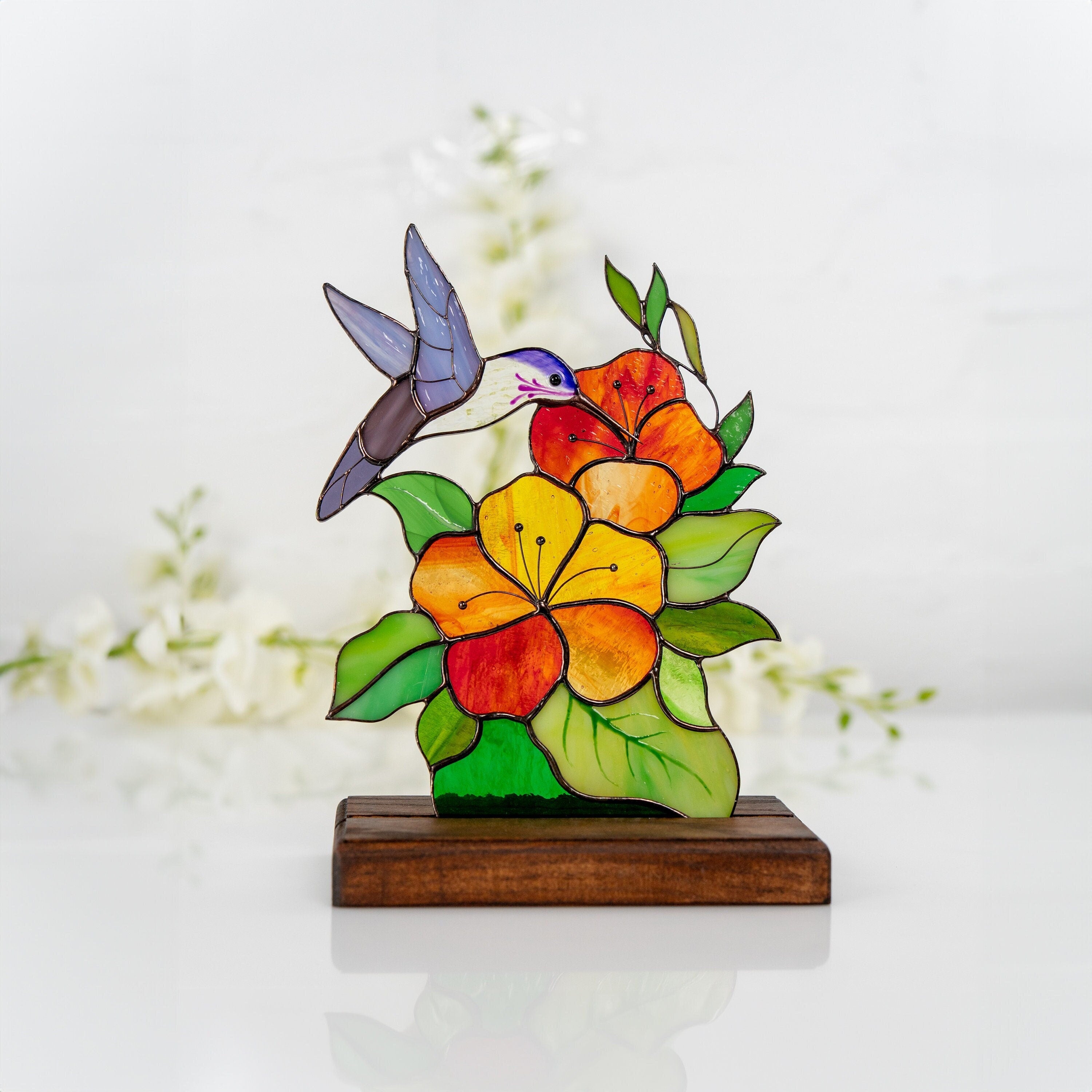 Stained glass hummingbird gifts Custom stained glass ornaments Mother in law gifts Stained glass flower panel Cute desk decor