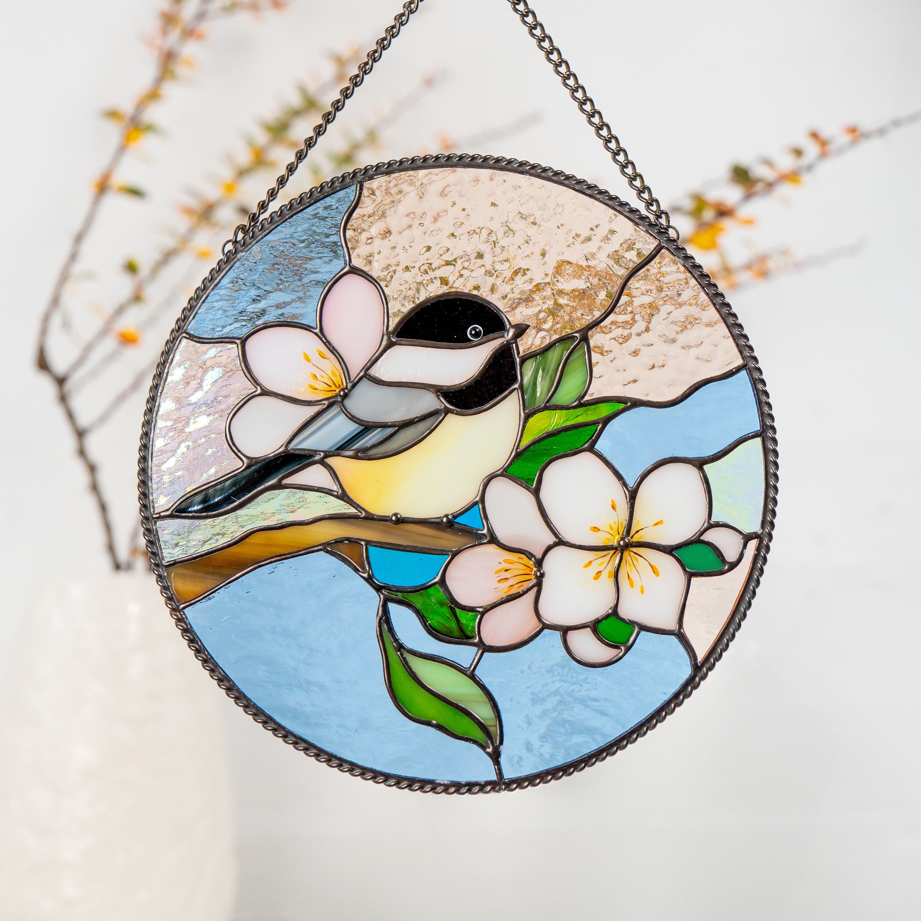 Bluebird stained glass panel Grandma gift Stained glass bird suncatcher Handmade product room decor aesthetic