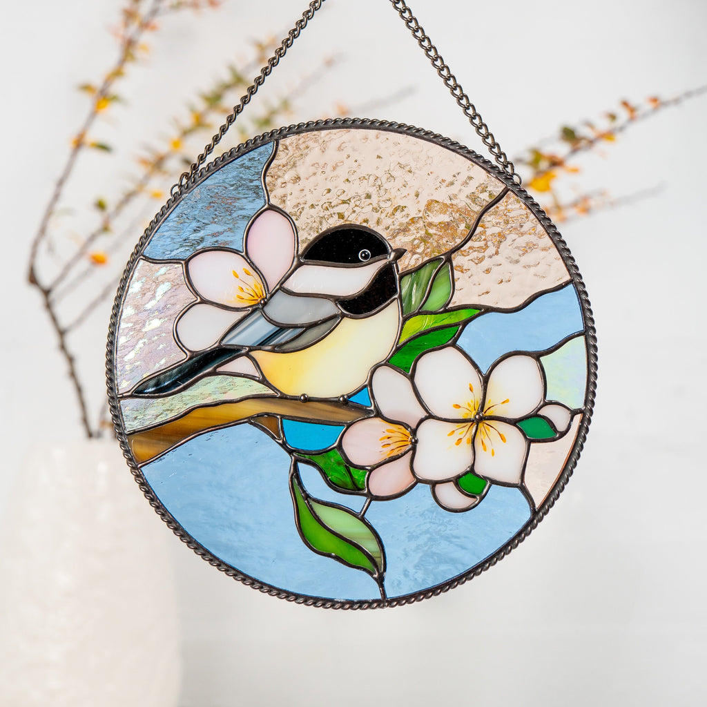 Chickadee stained glass bird suncatcher Godmother gift Chickadee art Custom stained glass chickadee ornament Stained glass window hangings