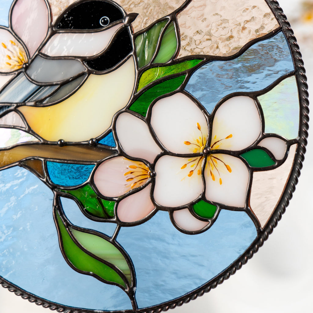 Chickadee stained glass bird suncatcher Godmother gift Chickadee art Custom stained glass chickadee ornament Stained glass window hangings