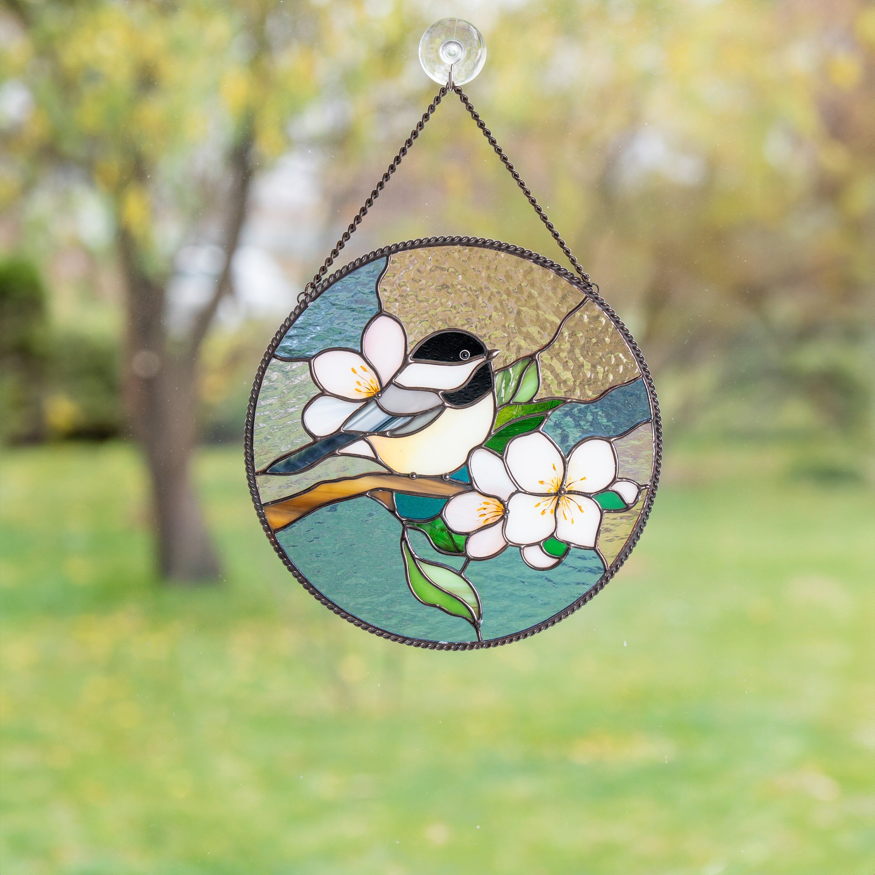 Chickadee stained glass bird suncatcher Godmother gift Chickadee art Custom stained glass chickadee ornament Stained glass window hangings