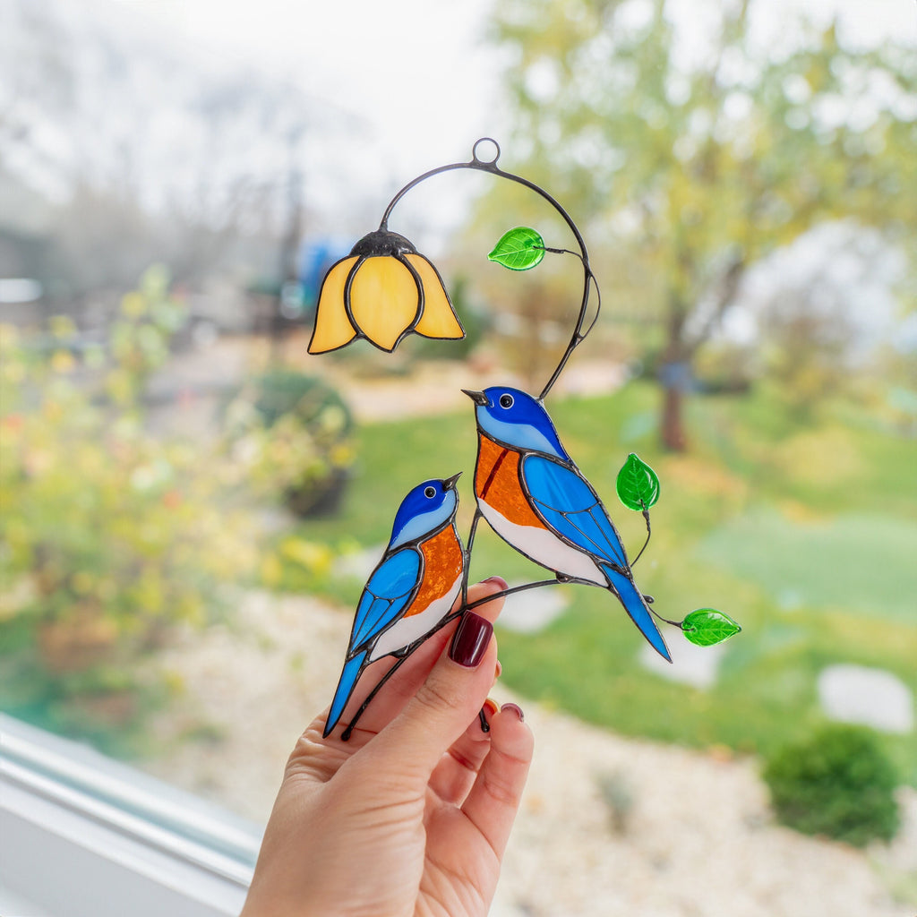 Stained glass bird suncatcher Gifts for grandma Custom stained glass ornaments Bluebird stained glass window hangings