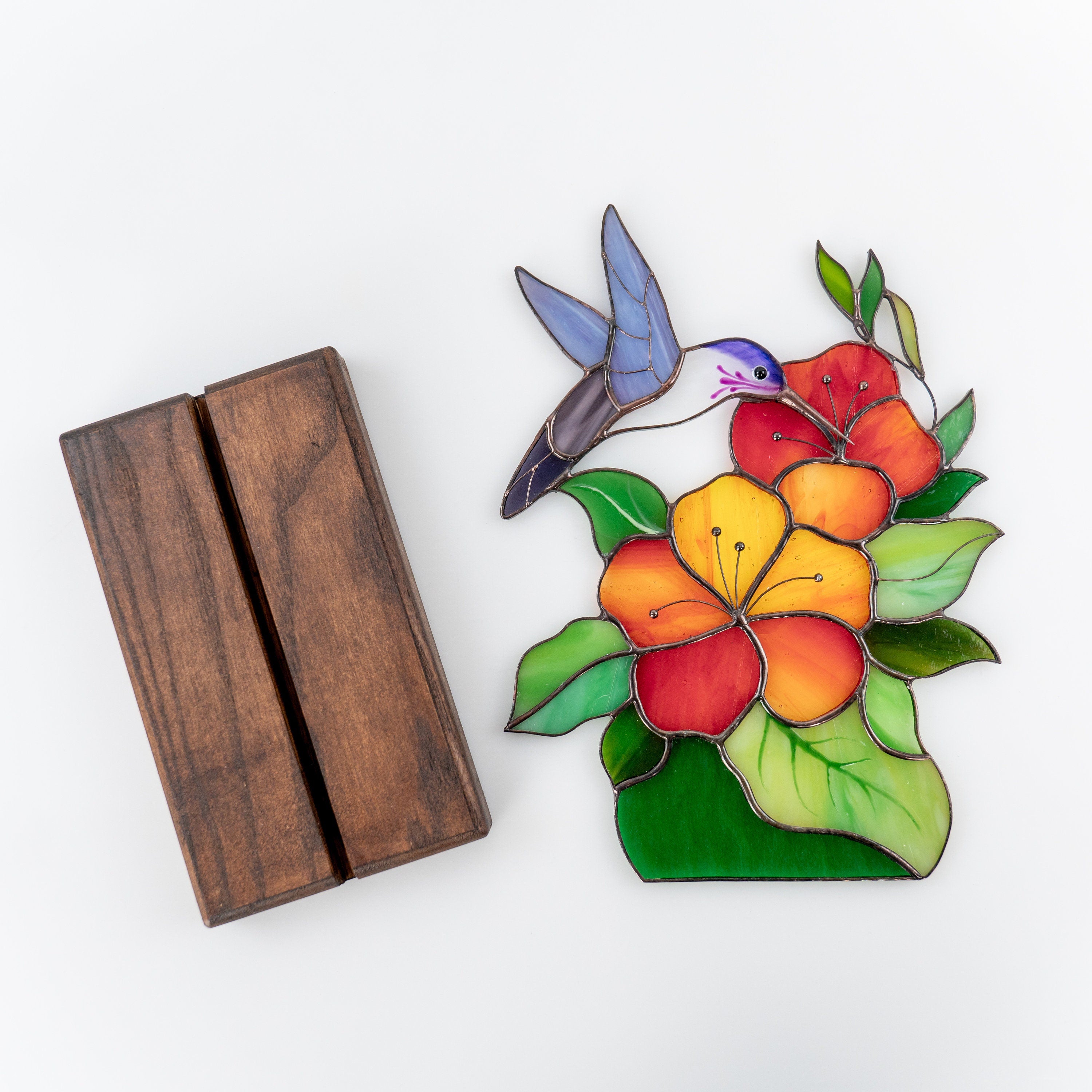 Stained glass hummingbird gifts Custom stained glass ornaments Mother in law gifts Stained glass flower panel Cute desk decor