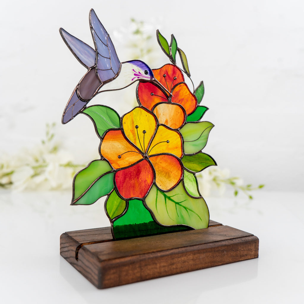 Stained glass hummingbird gifts Custom stained glass ornaments Mother in law gifts Stained glass flower panel Cute desk decor