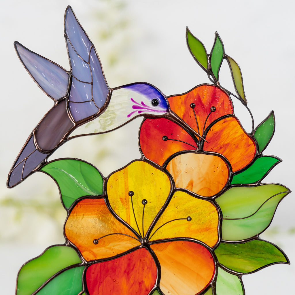 Stained glass hummingbird gifts Custom stained glass ornaments Mother in law gifts Stained glass flower panel Cute desk decor