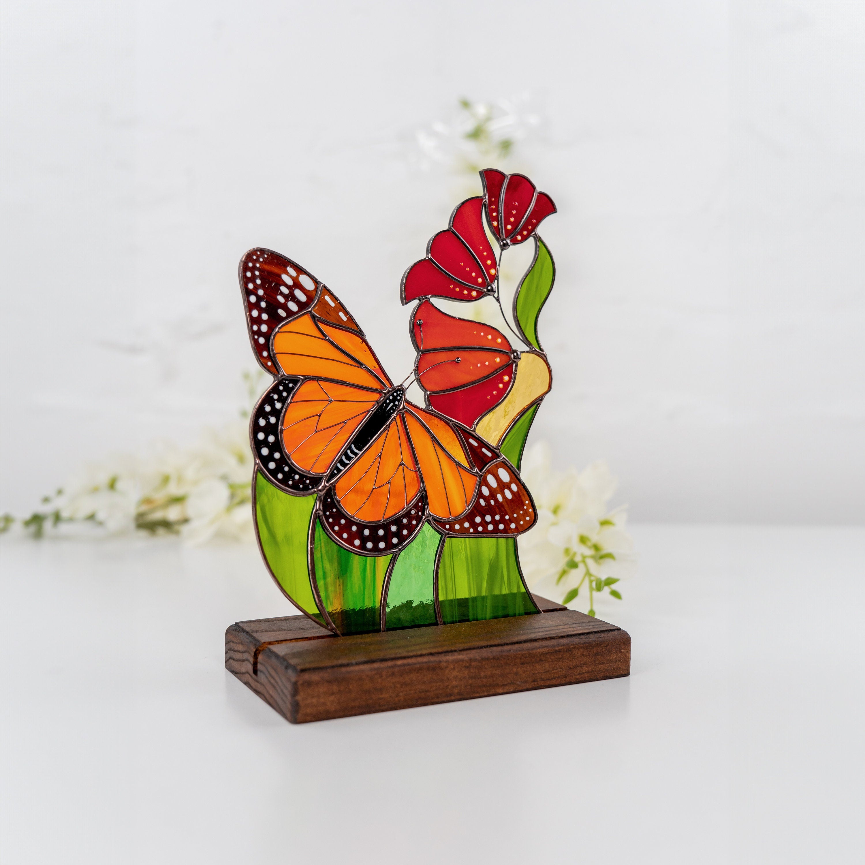 Stained glass hummingbird gifts Custom stained glass ornaments Mother in law gifts Stained glass flower panel Cute desk decor