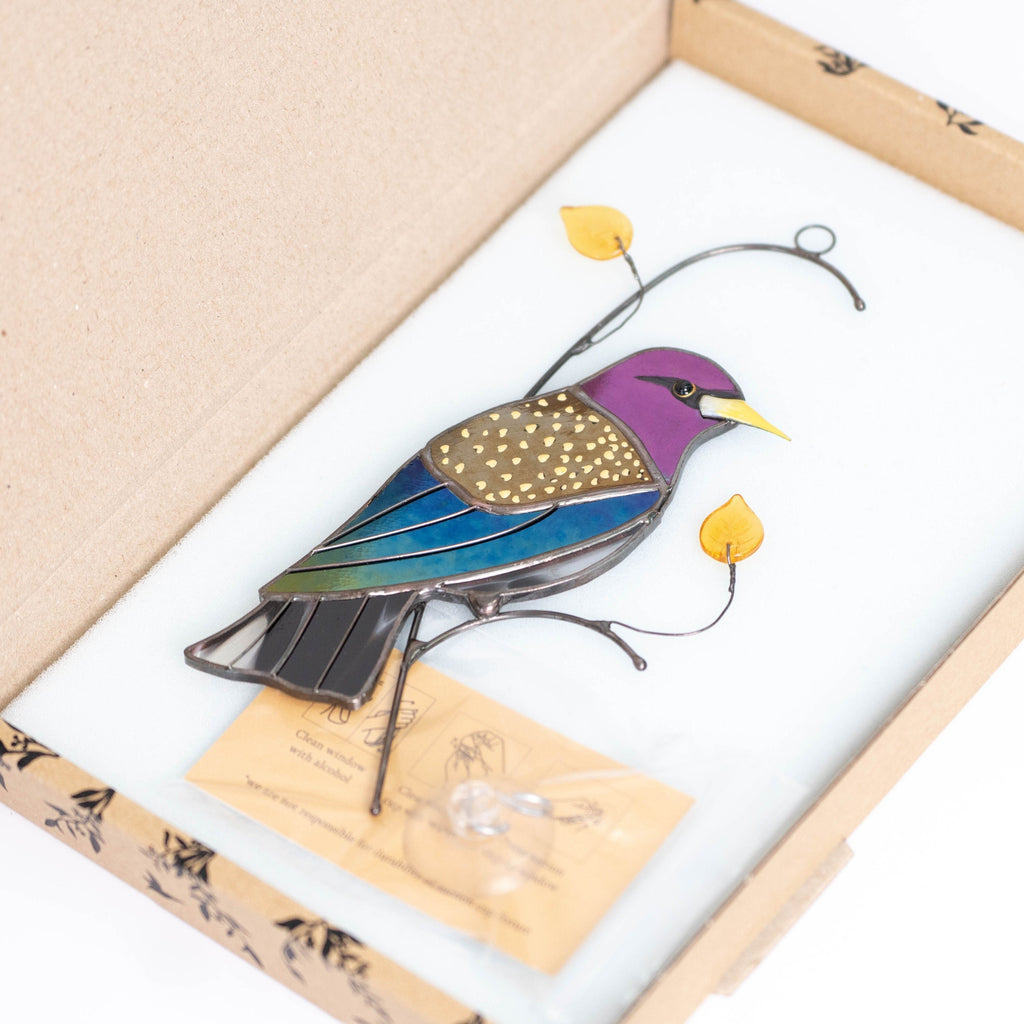 European starling bird stained glass window hangings Godfather gift Custom stained glass bird suncatcher New mom gift
