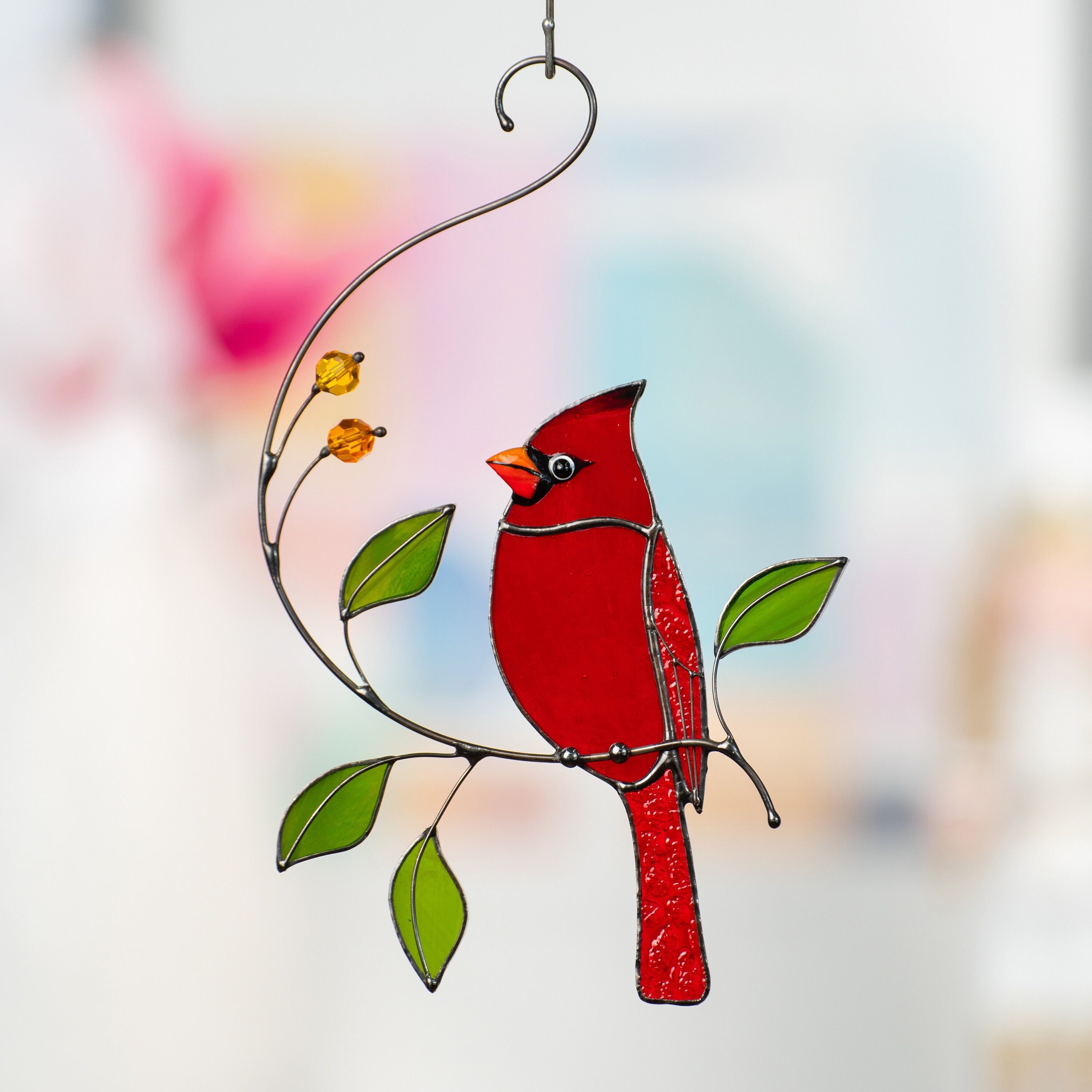 Cardinal stained glass window hangings Loss of a loved one Custom stained glass bird suncatcher Godfather gift