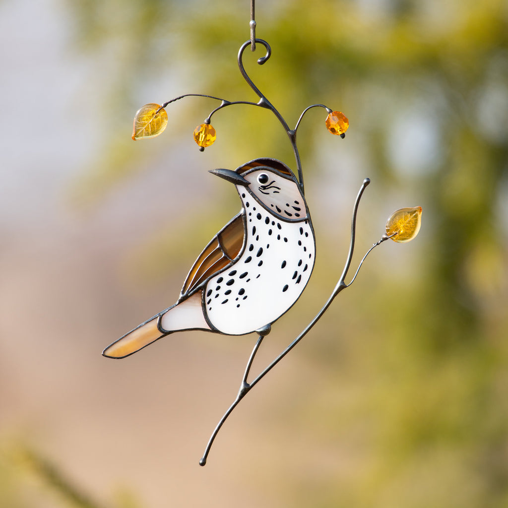 Bird artwork stained glass window hangings Wood Thrush Unique gift for mom Stained glass suncatcher Custom stained glass art