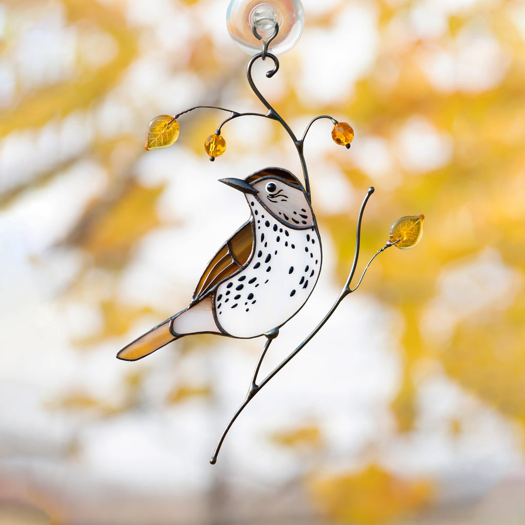 Bird artwork stained glass window hangings Wood Thrush Unique gift for mom Stained glass suncatcher Custom stained glass art
