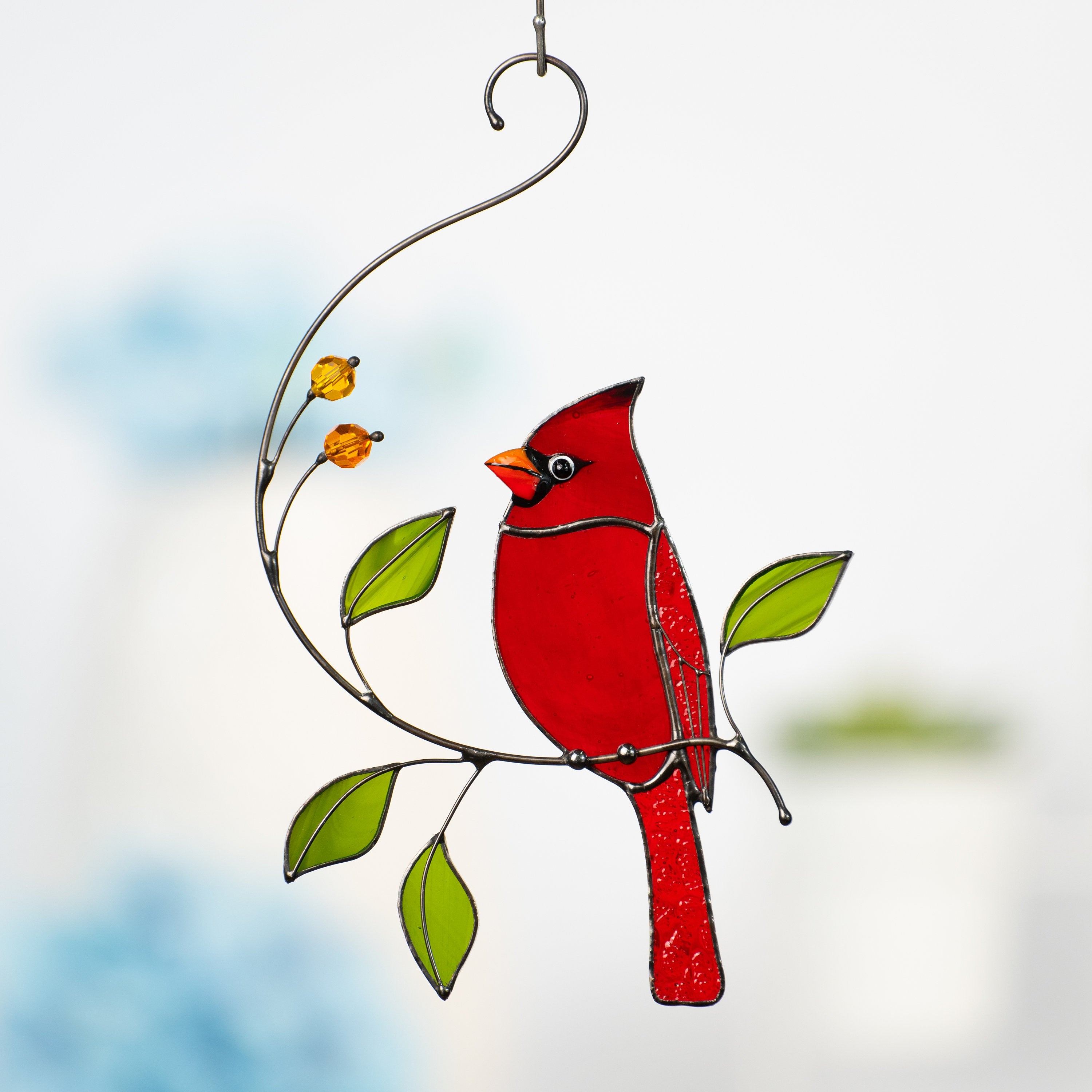 Cardinal stained glass window hangings Loss of a loved one Custom stained glass bird suncatcher Godfather gift