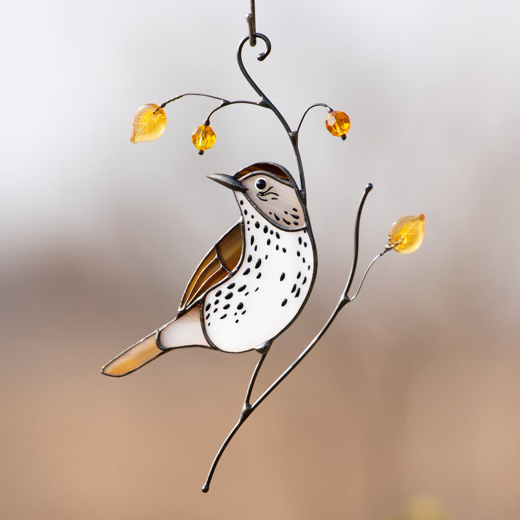 Bird artwork stained glass window hangings Wood Thrush Unique gift for mom Stained glass suncatcher Custom stained glass art