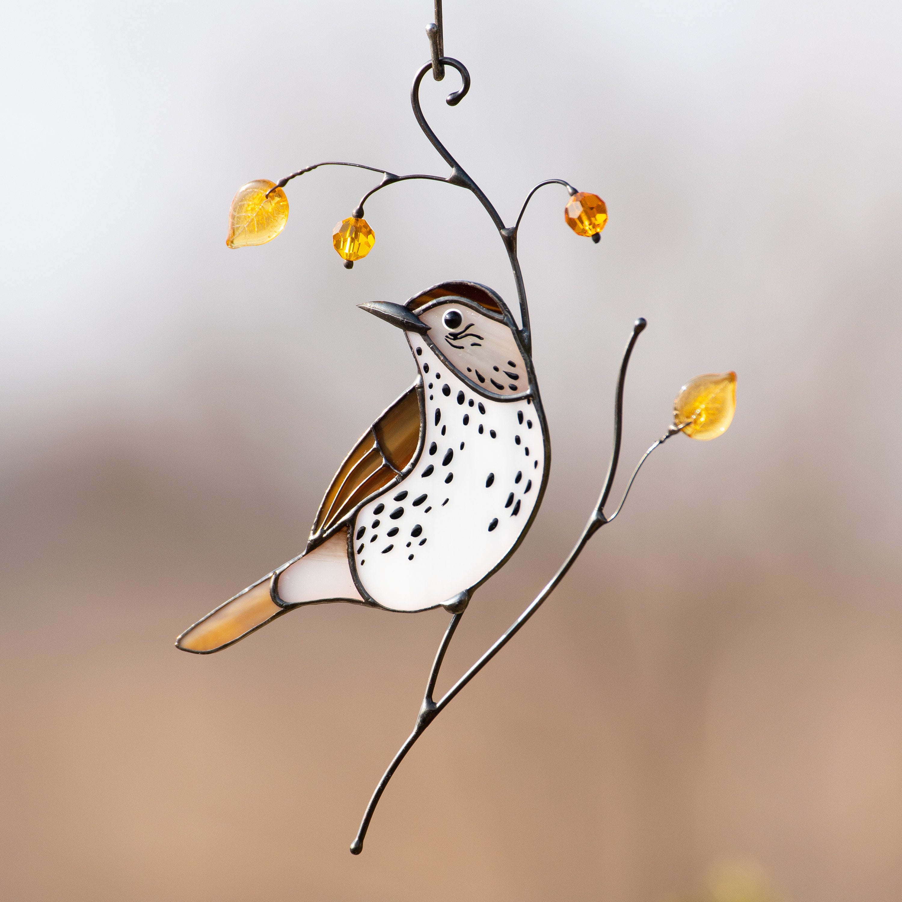 Bird artwork stained glass window hangings Wood Thrush Unique gift for mom Stained glass suncatcher Custom stained glass art