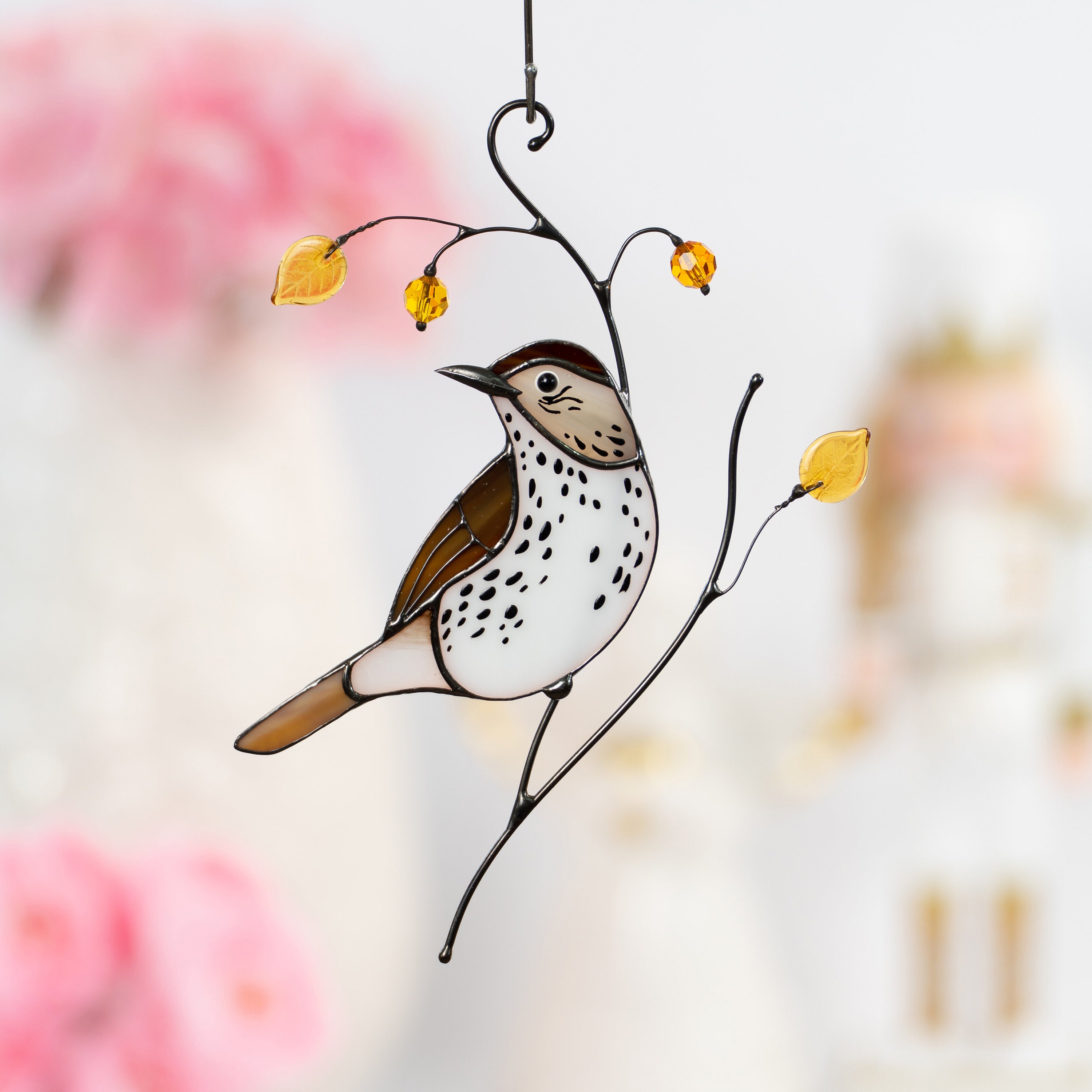 Bird artwork stained glass window hangings Wood Thrush Unique gift for mom Stained glass suncatcher Custom stained glass art
