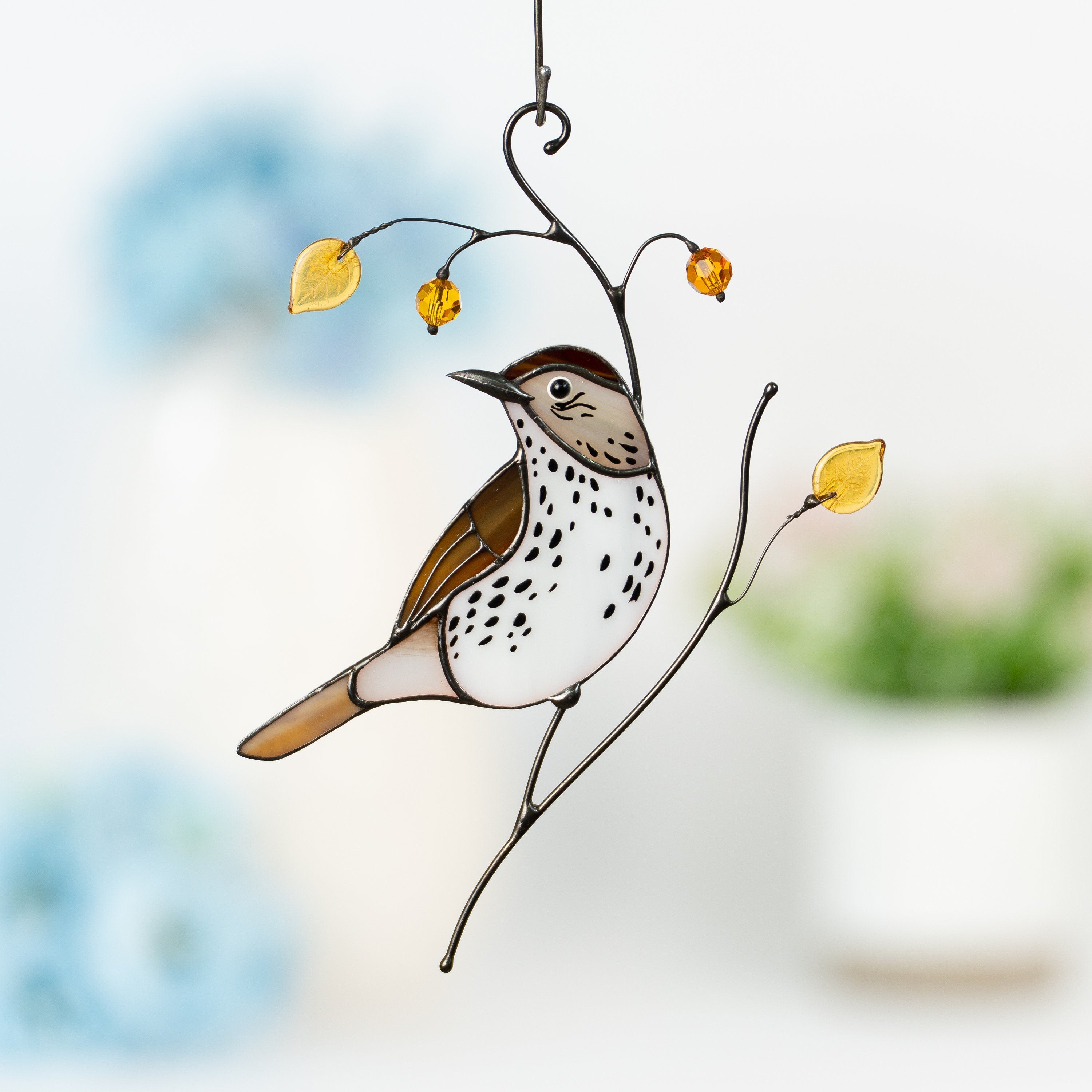Bird artwork stained glass window hangings Wood Thrush Unique gift for mom Stained glass suncatcher Custom stained glass art